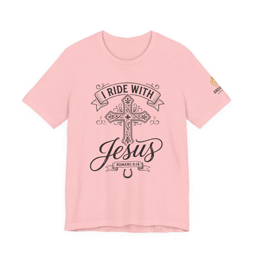 Romans 8:14 - "I Ride With Jesus" (Ladies) (Design on Front/Logo on Sleeve)