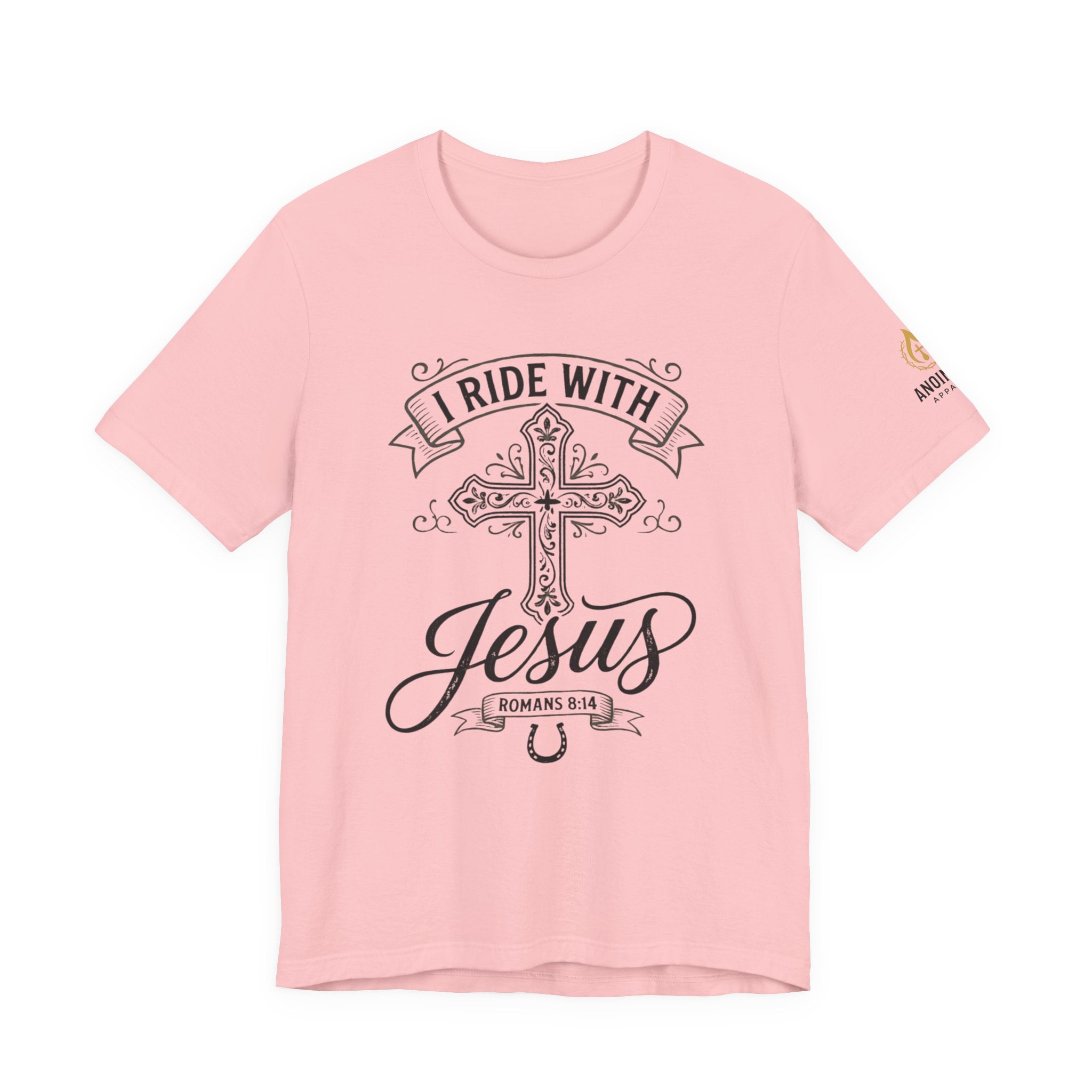 Romans 8:14 - "I Ride With Jesus" (Ladies) (Design on Front/Logo on Sleeve)