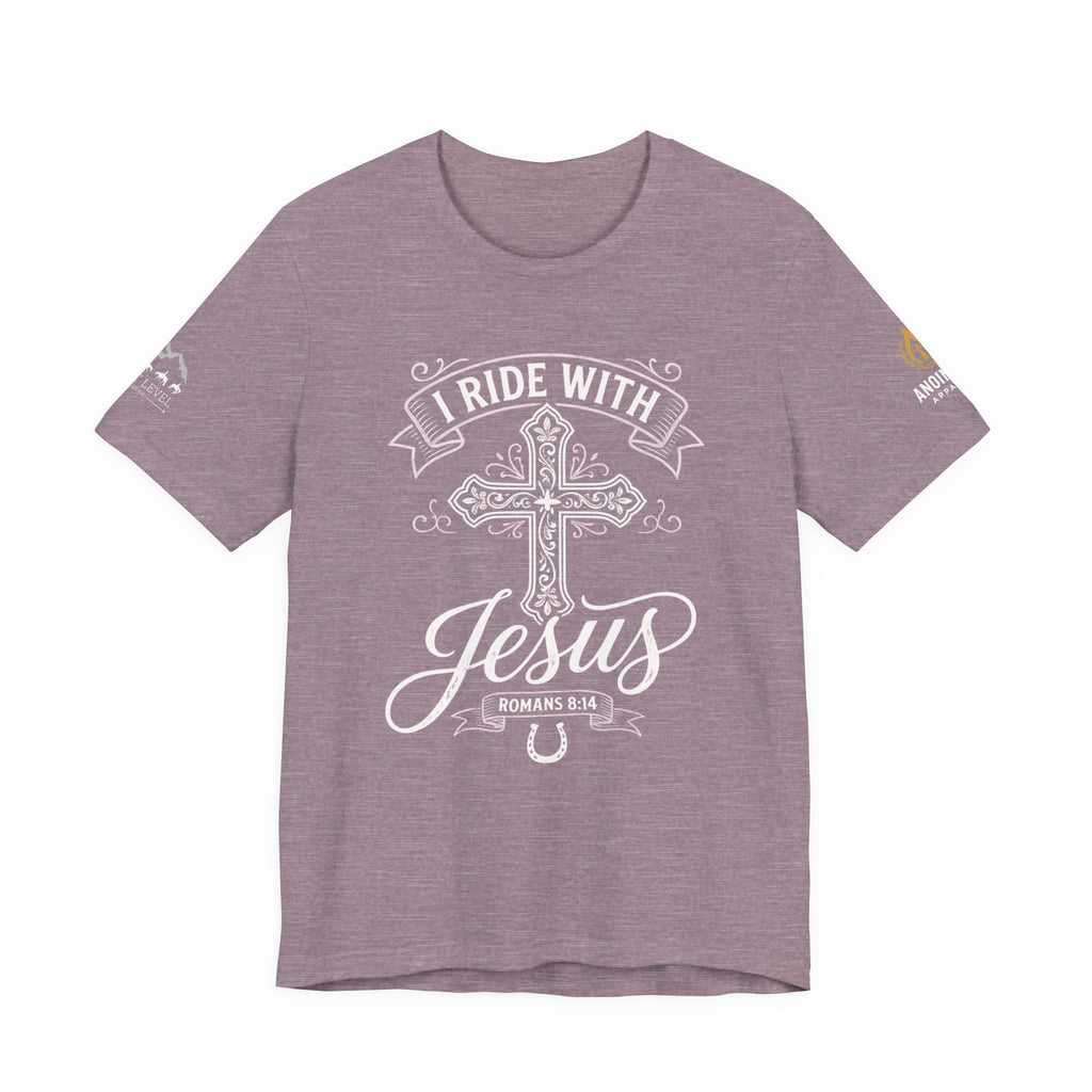(NLE EDITION) Romans 8:14 - "I Ride With Jesus" (Ladies) (Design on Front/Logo on Sleeve)