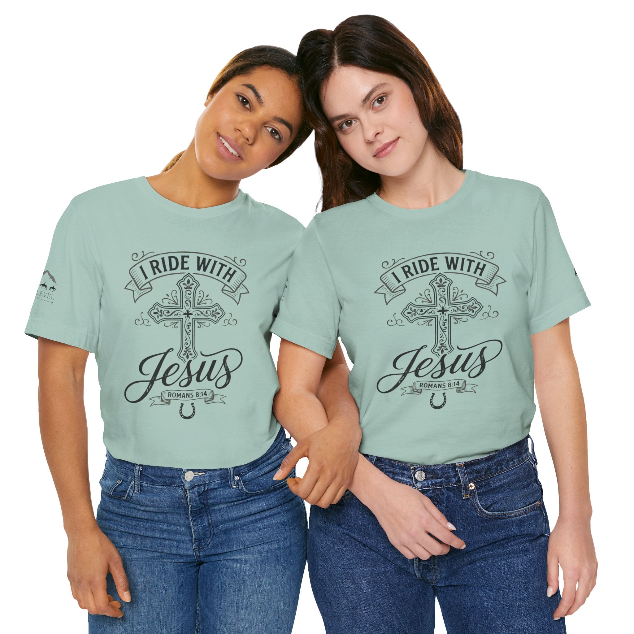 (NLE EDITION) Romans 8:14 - "I Ride With Jesus" (Ladies) (Design on Front/Logo on Sleeve)