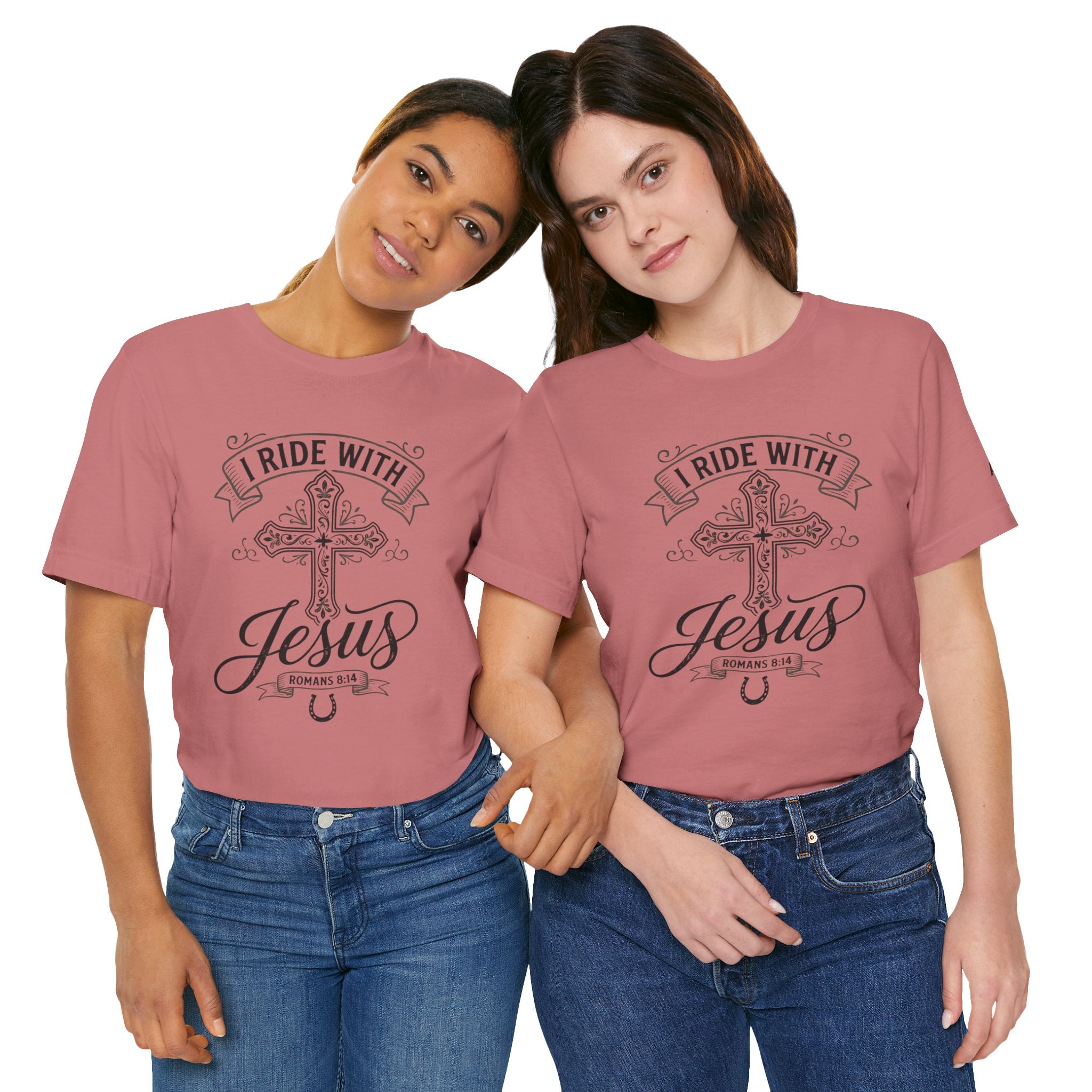 Romans 8:14 - "I Ride With Jesus" (Ladies) (Design on Front/Logo on Sleeve)