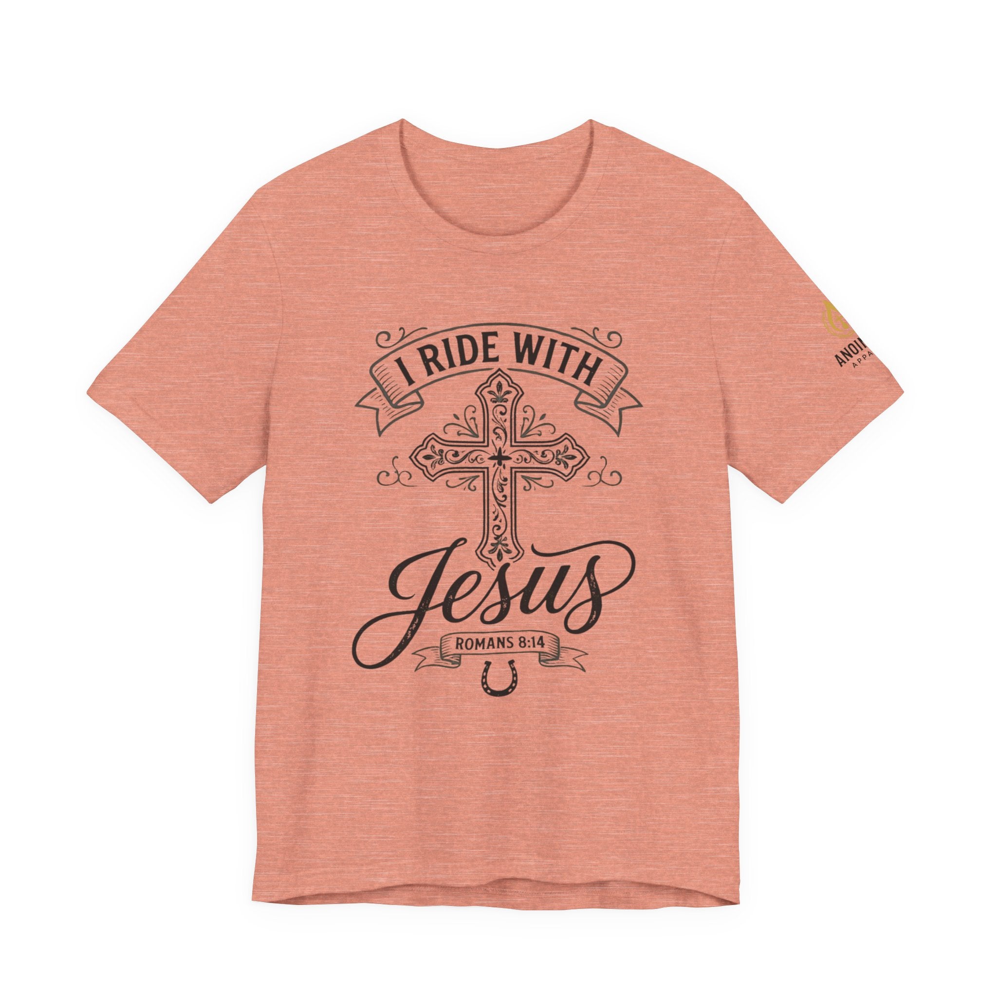 Romans 8:14 - "I Ride With Jesus" (Ladies) (Design on Front/Logo on Sleeve)