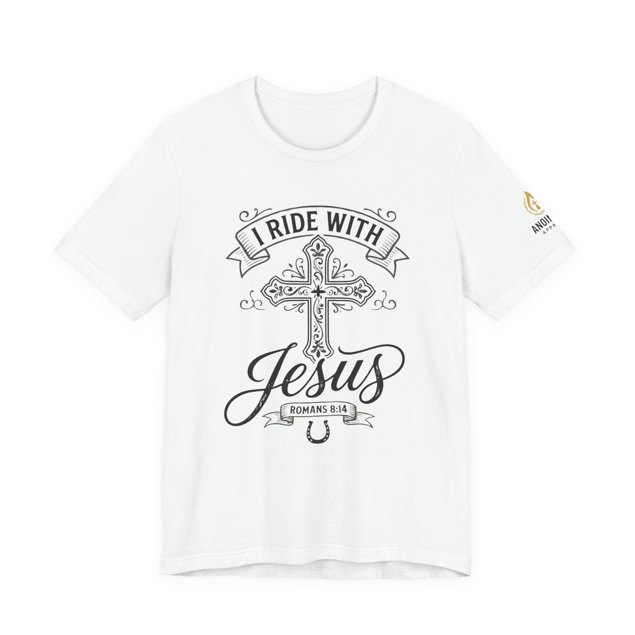 Romans 8:14 - "I Ride With Jesus" (Ladies) (Design on Front/Logo on Sleeve)