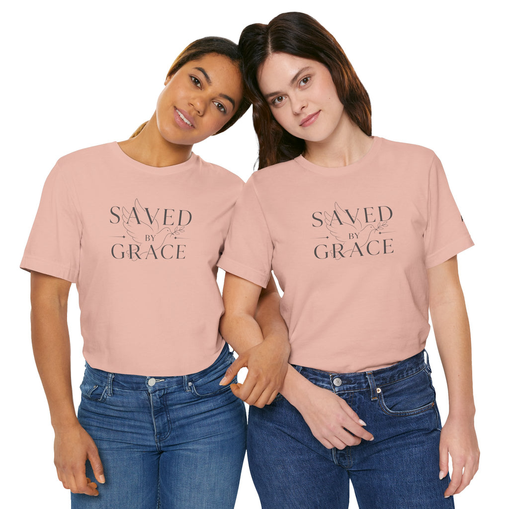 Ephesians 2:8 - "Saved by Grace" (Ladies) (Design on Front/Logo on Sleeve)