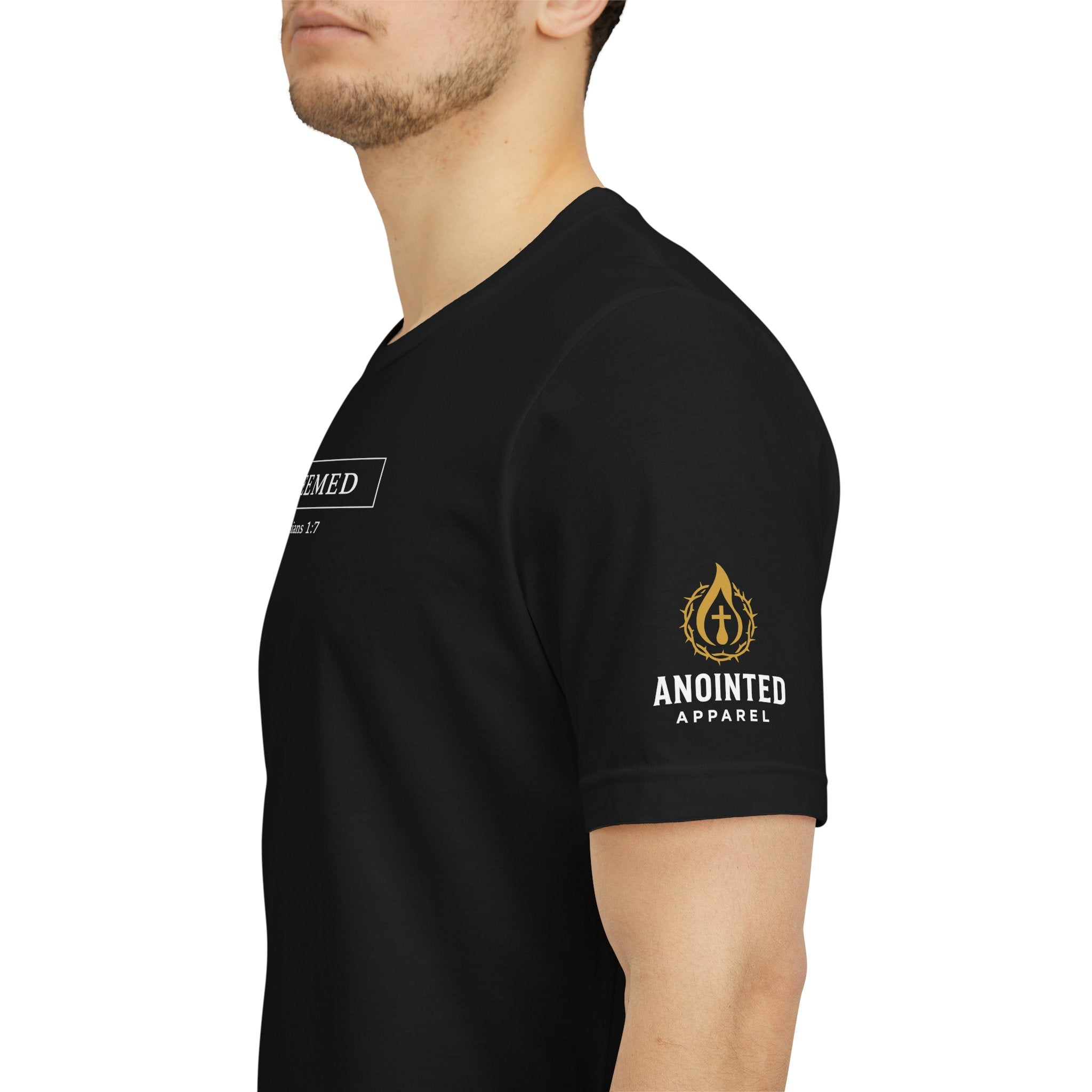 Ephesians 1:7 "Redeemed" (Design on Front/Logo on Sleeve)