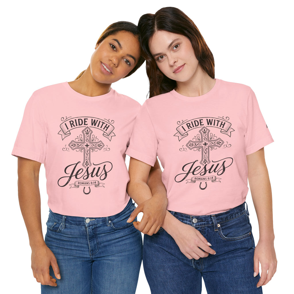 Romans 8:14 - "I Ride With Jesus" (Ladies) (Design on Front/Logo on Sleeve)