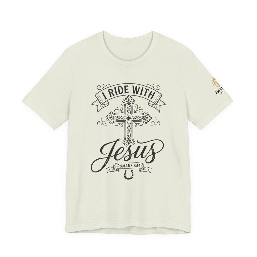 Romans 8:14 - "I Ride With Jesus" (Ladies) (Design on Front/Logo on Sleeve)