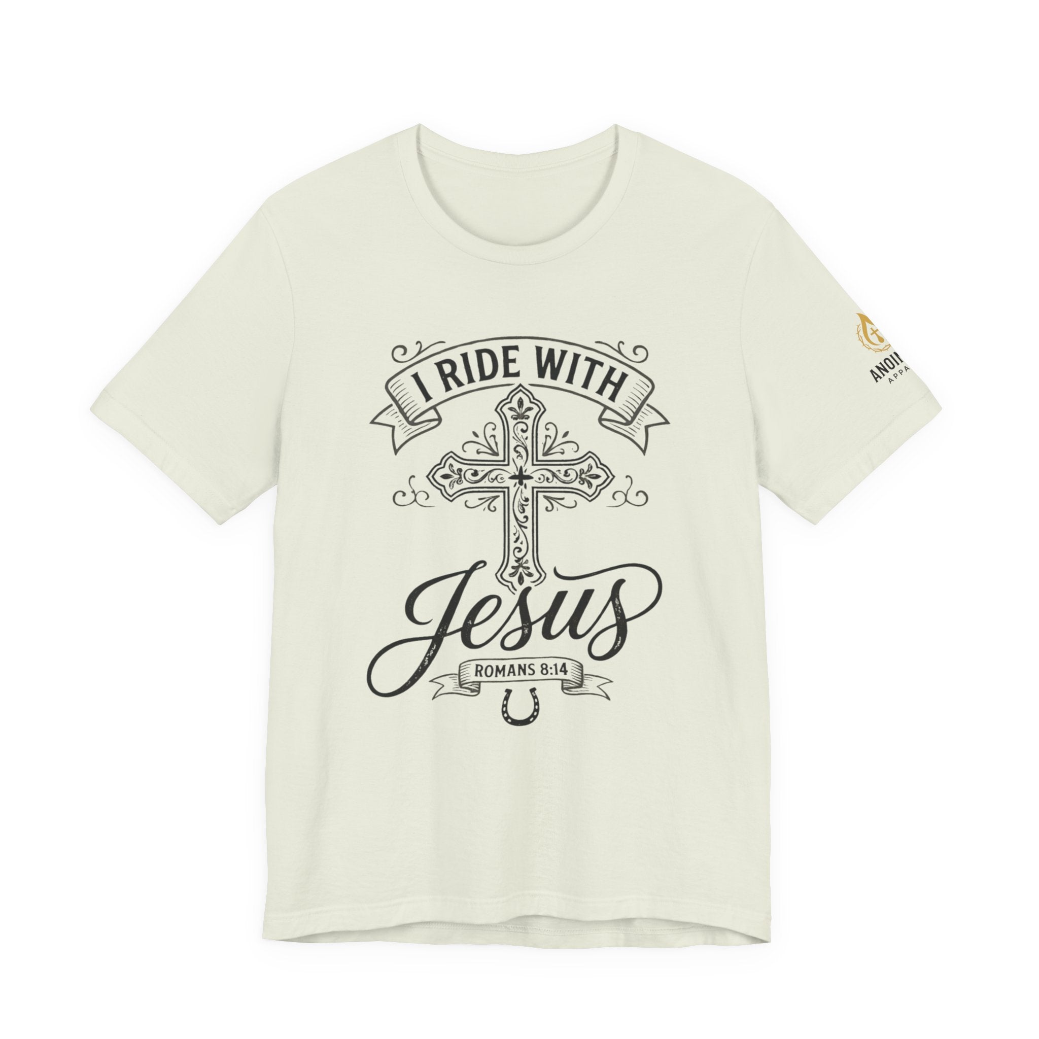 Romans 8:14 - "I Ride With Jesus" (Ladies) (Design on Front/Logo on Sleeve)
