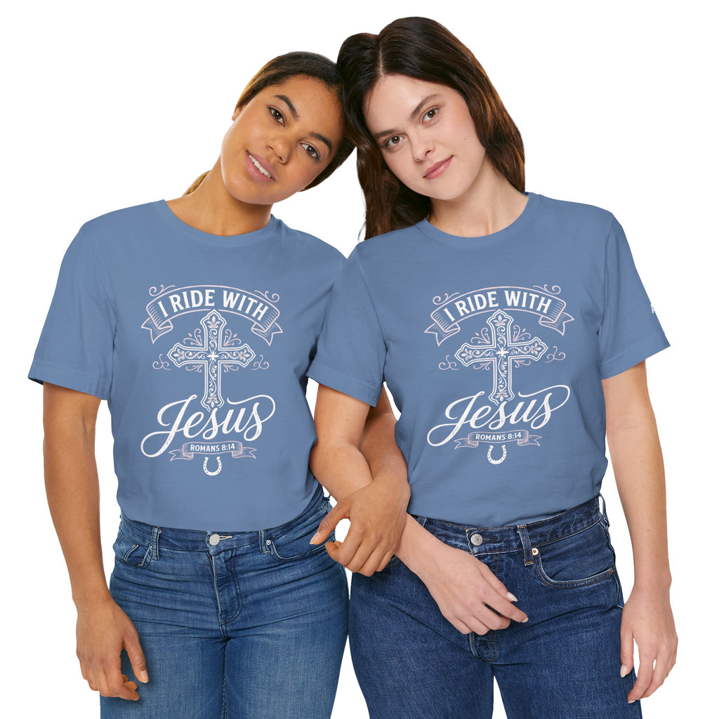 Romans 8:14 - "I Ride With Jesus" (Ladies) (Design on Front/Logo on Sleeve)