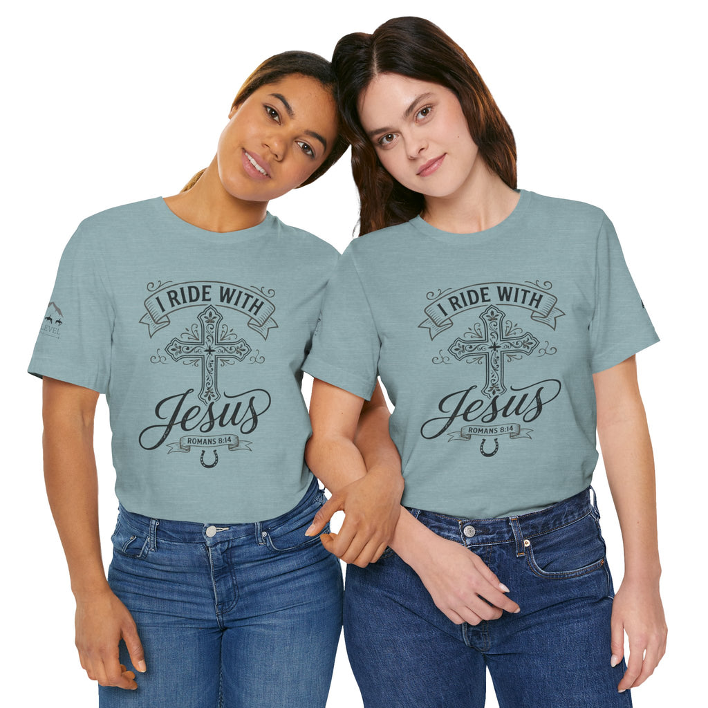 (NLE EDITION) Romans 8:14 - "I Ride With Jesus" (Ladies) (Design on Front/Logo on Sleeve)