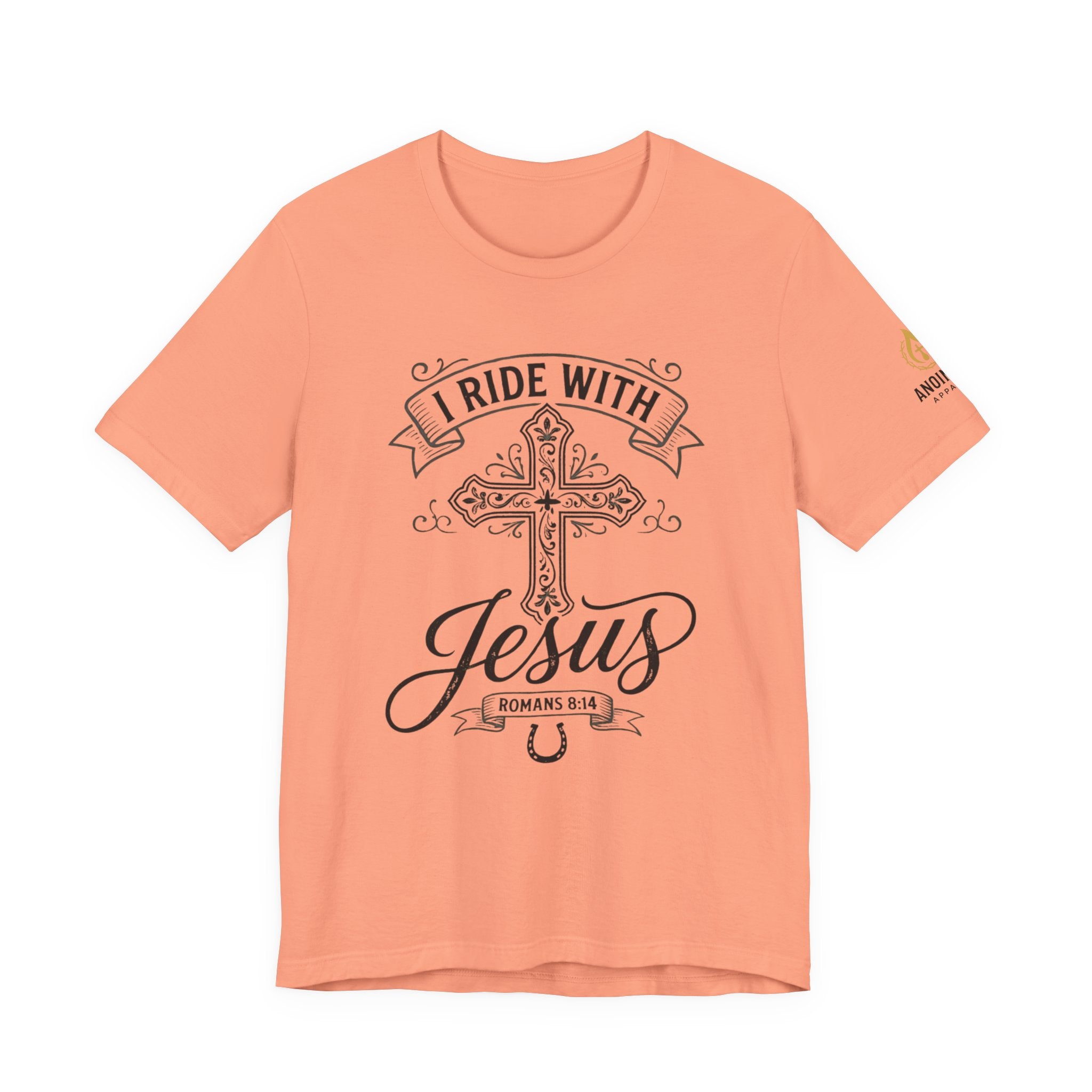 Romans 8:14 - "I Ride With Jesus" (Ladies) (Design on Front/Logo on Sleeve)