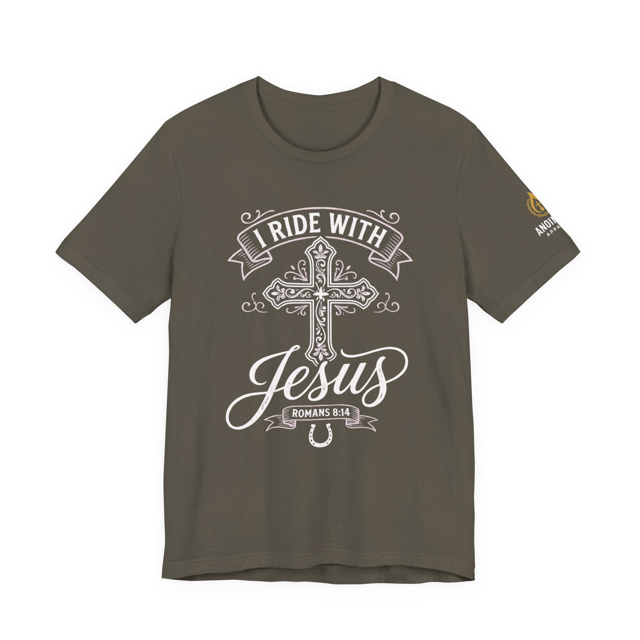 Romans 8:14 - "I Ride With Jesus" (Ladies) (Design on Front/Logo on Sleeve)