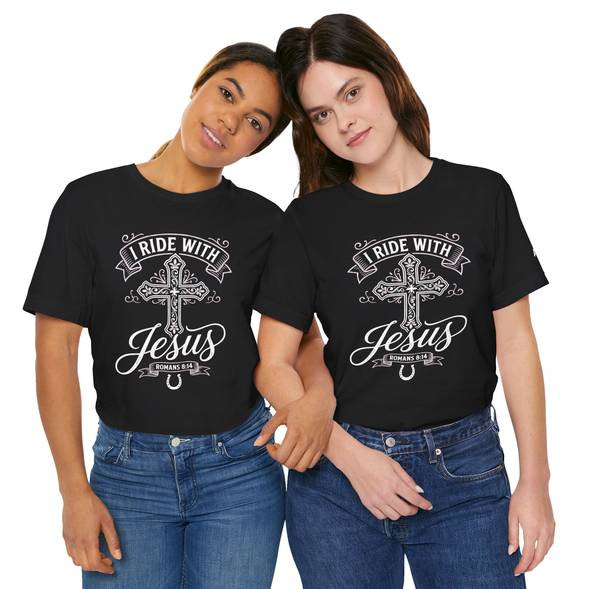 Romans 8:14 - "I Ride With Jesus" (Ladies) (Design on Front/Logo on Sleeve)