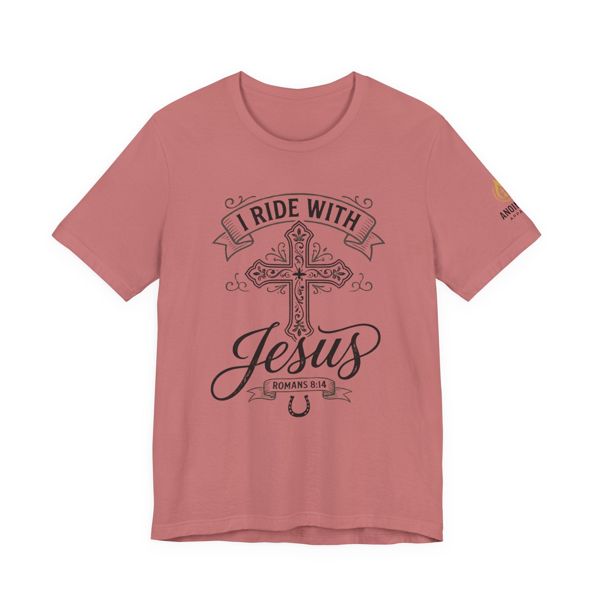 Romans 8:14 - "I Ride With Jesus" (Ladies) (Design on Front/Logo on Sleeve)