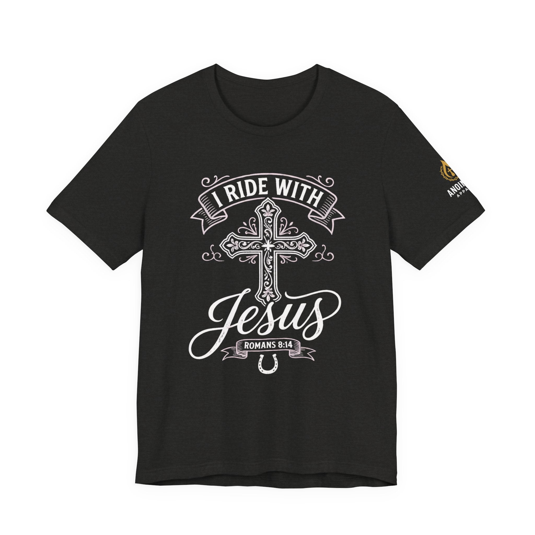 Romans 8:14 - "I Ride With Jesus" (Ladies) (Design on Front/Logo on Sleeve)