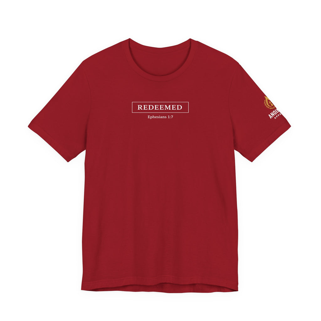Ephesians 1:7 "Redeemed" (Design on Front/Logo on Sleeve)