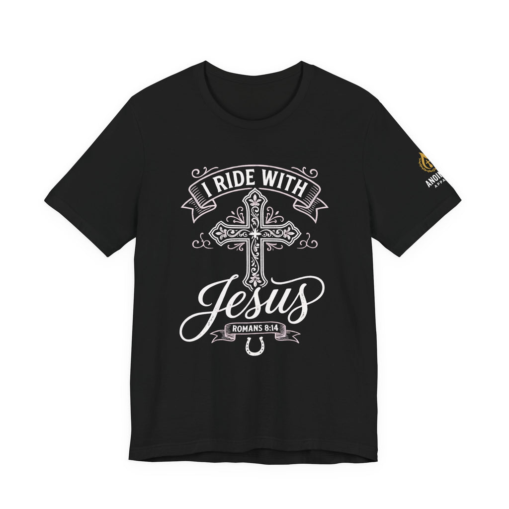 Romans 8:14 - "I Ride With Jesus" (Ladies) (Design on Front/Logo on Sleeve)
