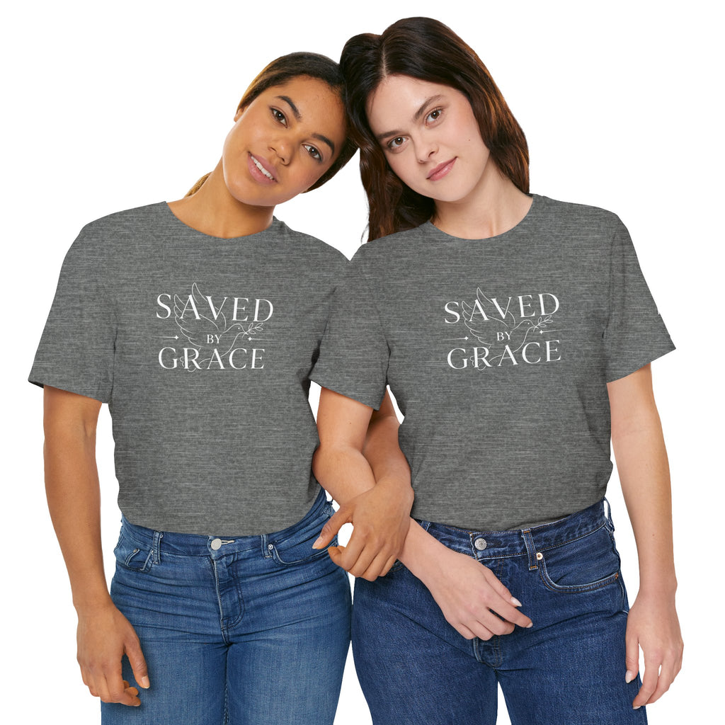Ephesians 2:8 - "Saved by Grace" (Ladies) (Design on Front/Logo on Sleeve)