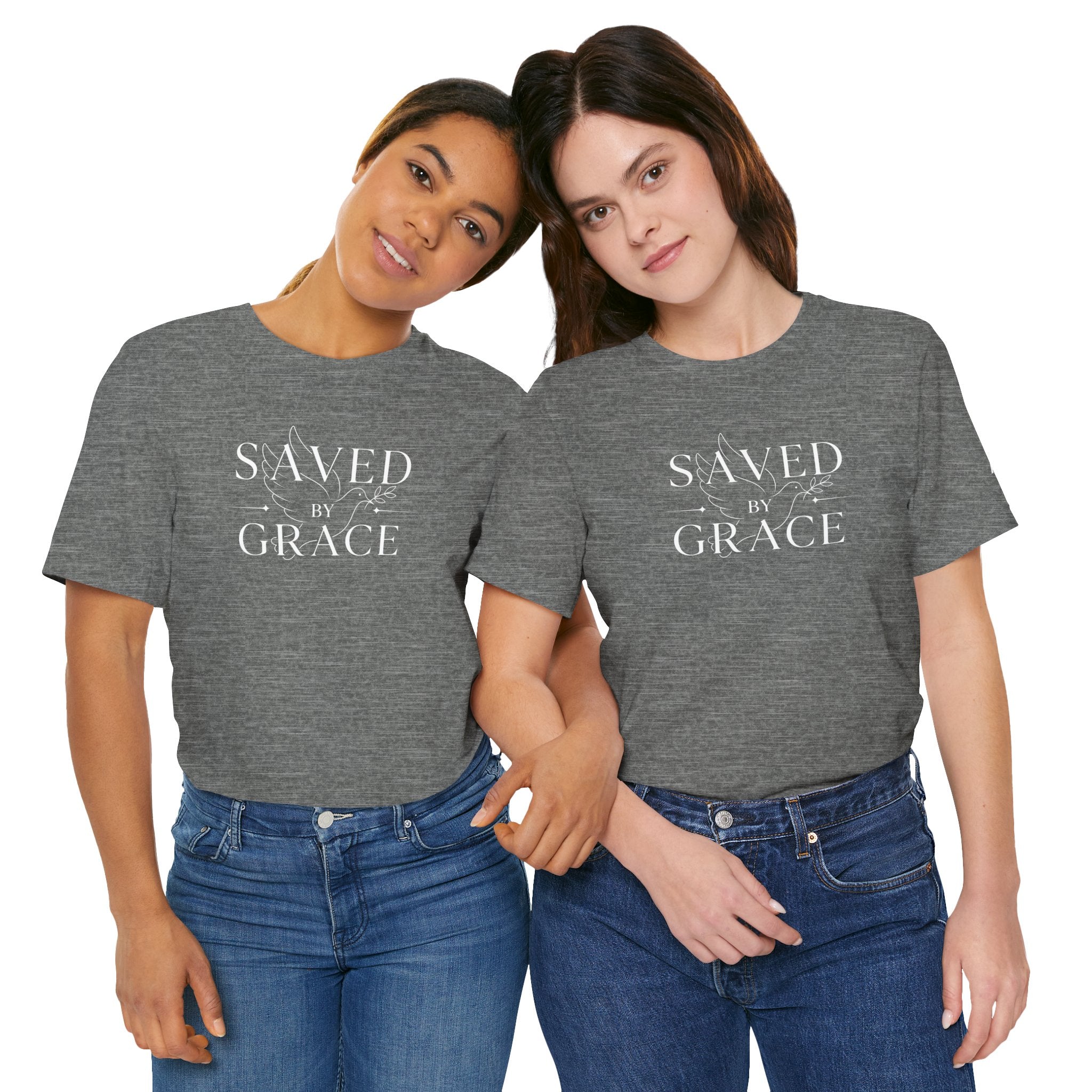 Ephesians 2:8 - "Saved by Grace" (Ladies) (Design on Front/Logo on Sleeve)
