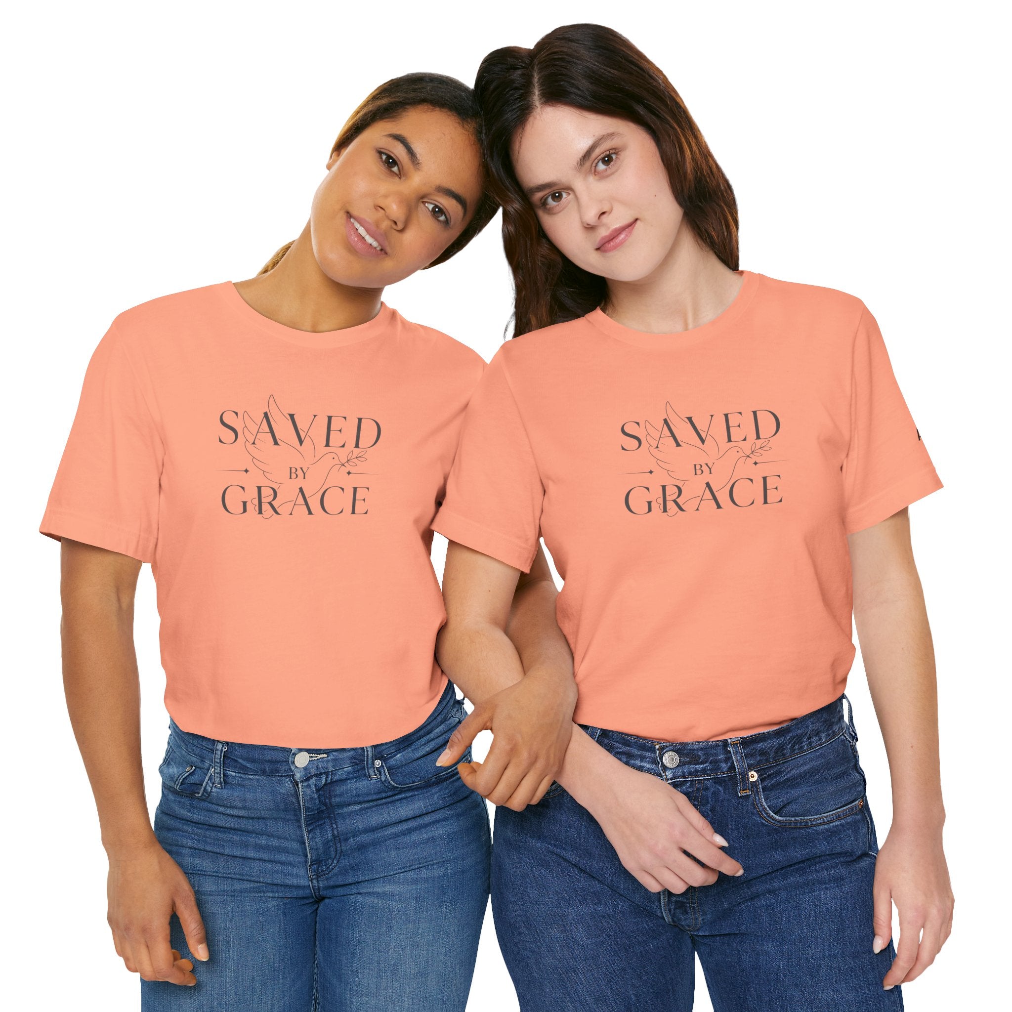 Ephesians 2:8 - "Saved by Grace" (Ladies) (Design on Front/Logo on Sleeve)