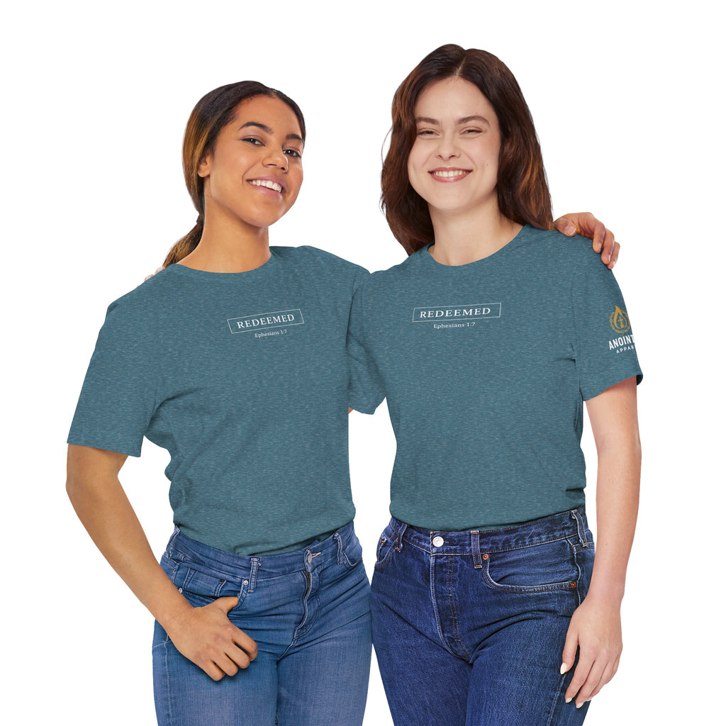 Ephesians 1:7 "Redeemed" (Design on Front/Logo on Sleeve)