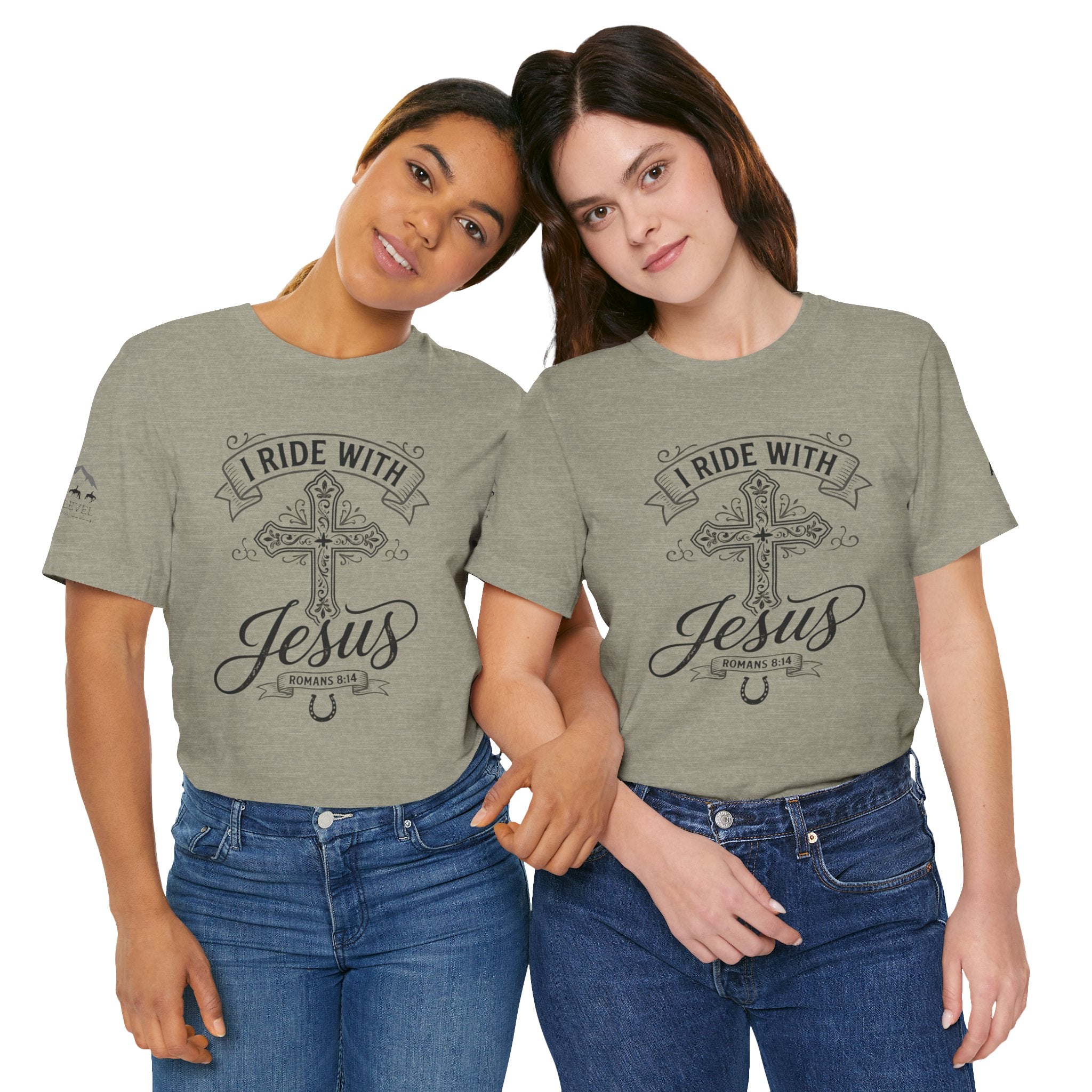 (NLE EDITION) Romans 8:14 - "I Ride With Jesus" (Ladies) (Design on Front/Logo on Sleeve)