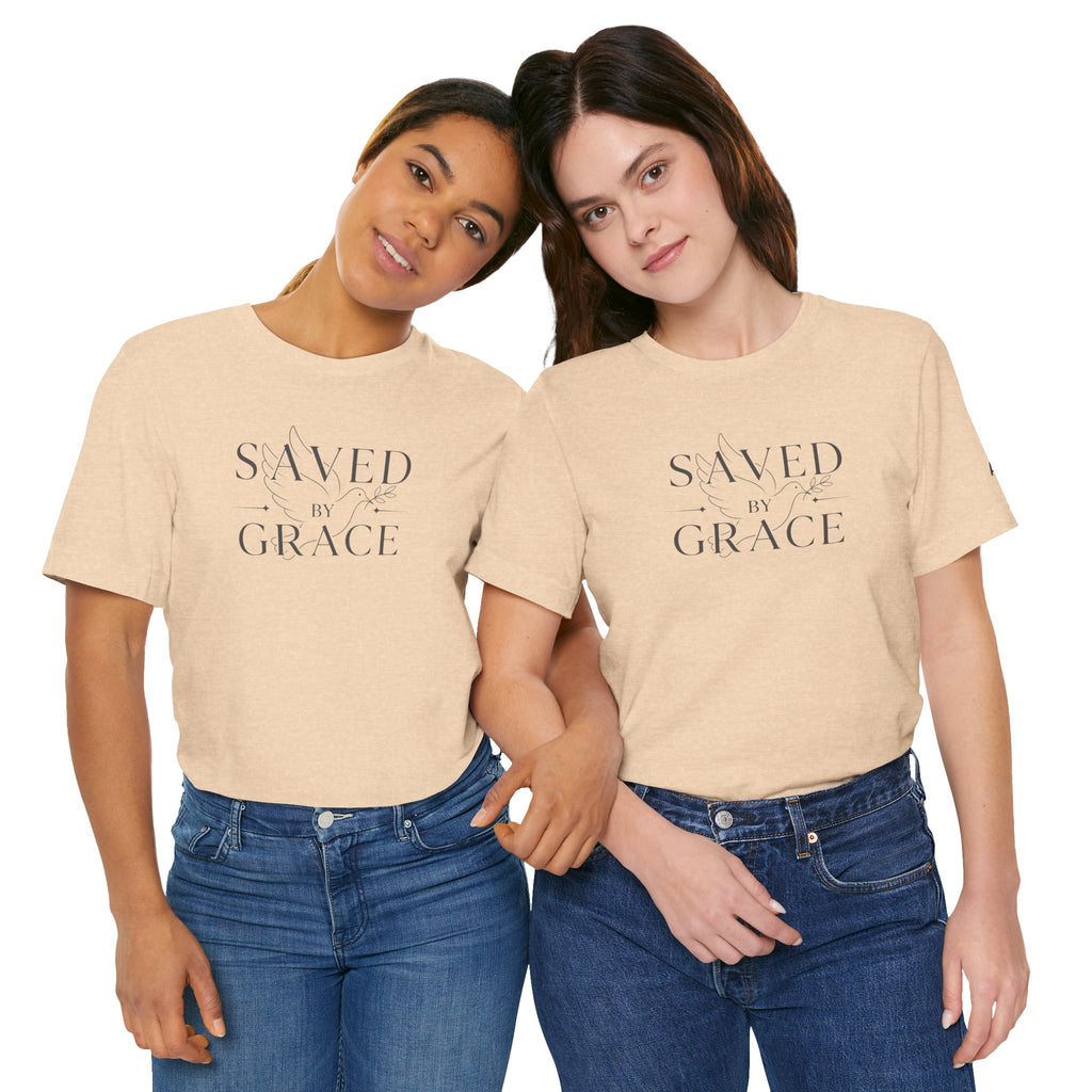 Ephesians 2:8 - "Saved by Grace" (Ladies) (Design on Front/Logo on Sleeve)