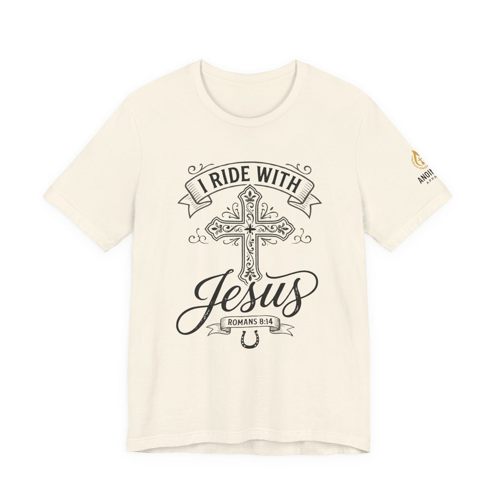 Romans 8:14 - "I Ride With Jesus" (Ladies) (Design on Front/Logo on Sleeve)