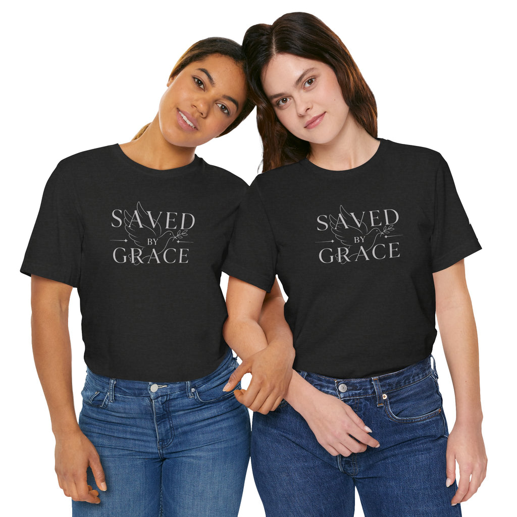 Ephesians 2:8 - "Saved by Grace" (Ladies) (Design on Front/Logo on Sleeve)