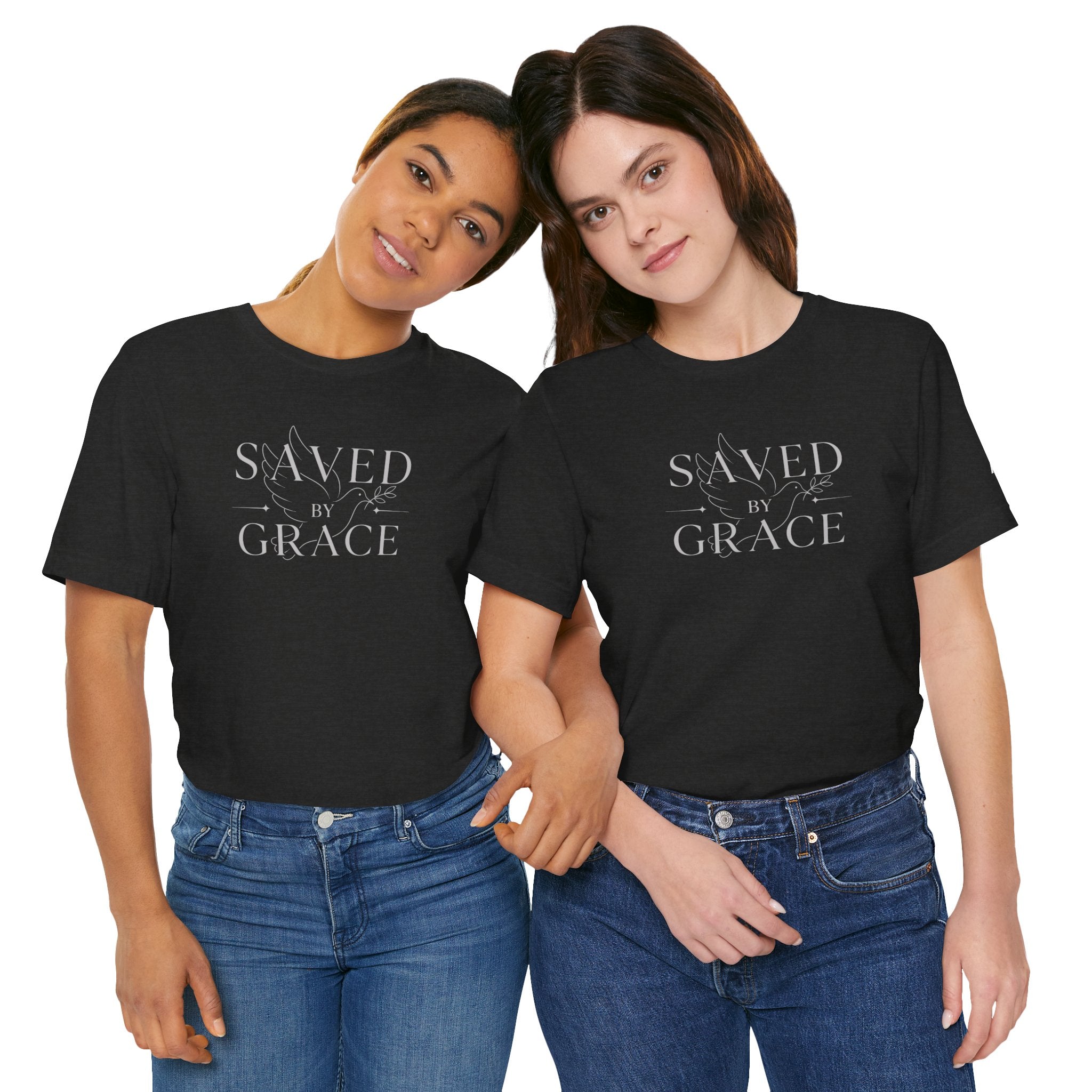 Ephesians 2:8 - "Saved by Grace" (Ladies) (Design on Front/Logo on Sleeve)