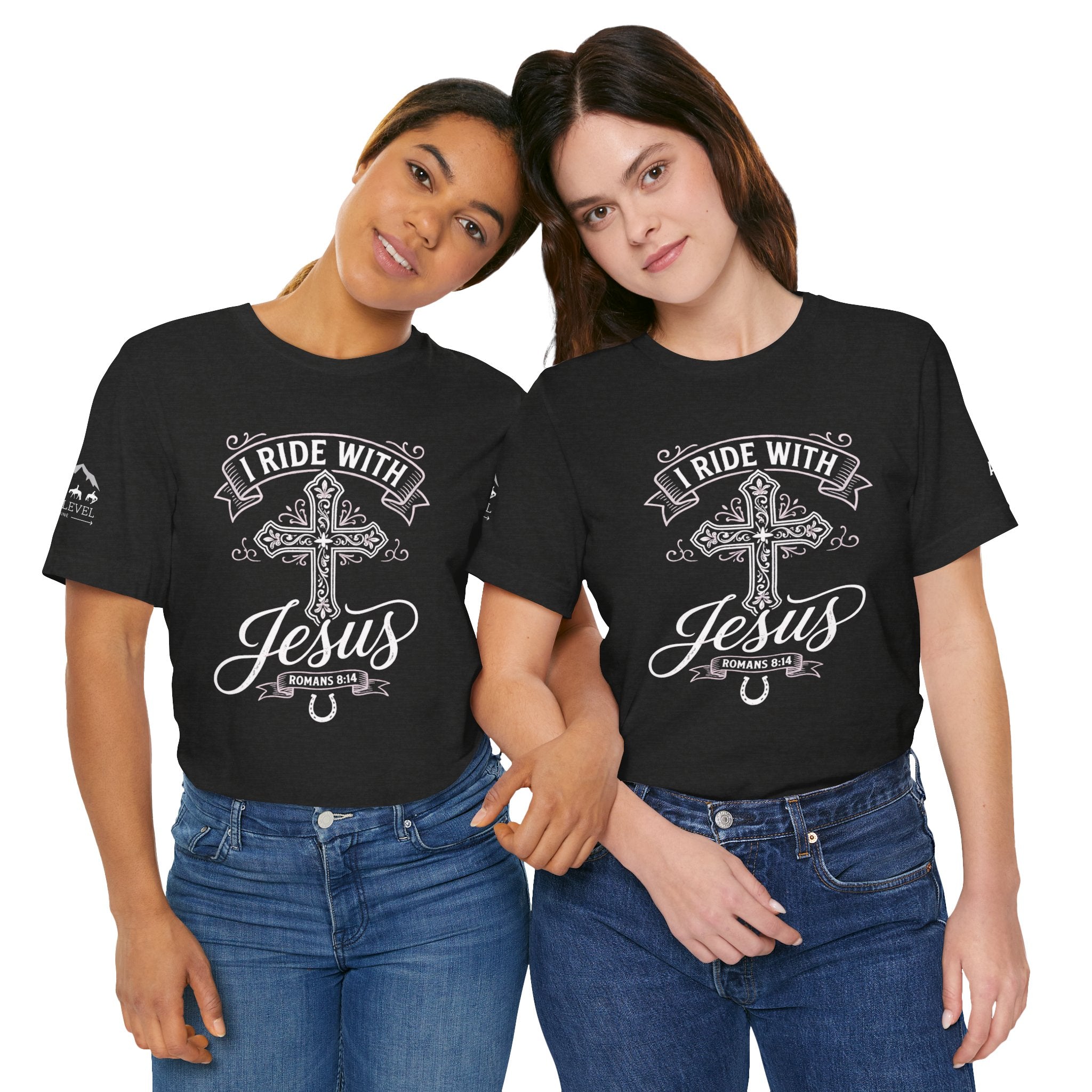 (NLE EDITION) Romans 8:14 - "I Ride With Jesus" (Ladies) (Design on Front/Logo on Sleeve)