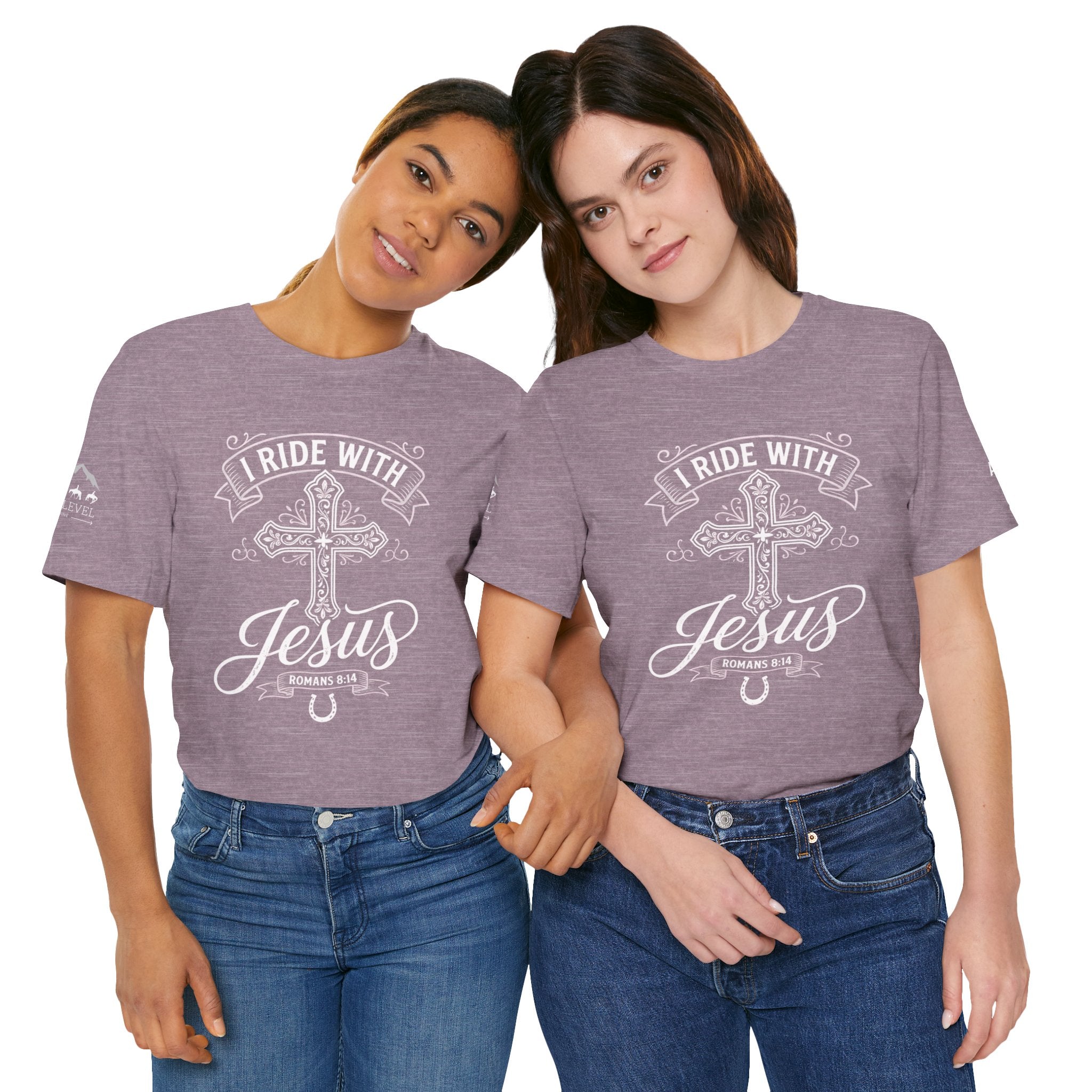 (NLE EDITION) Romans 8:14 - "I Ride With Jesus" (Ladies) (Design on Front/Logo on Sleeve)