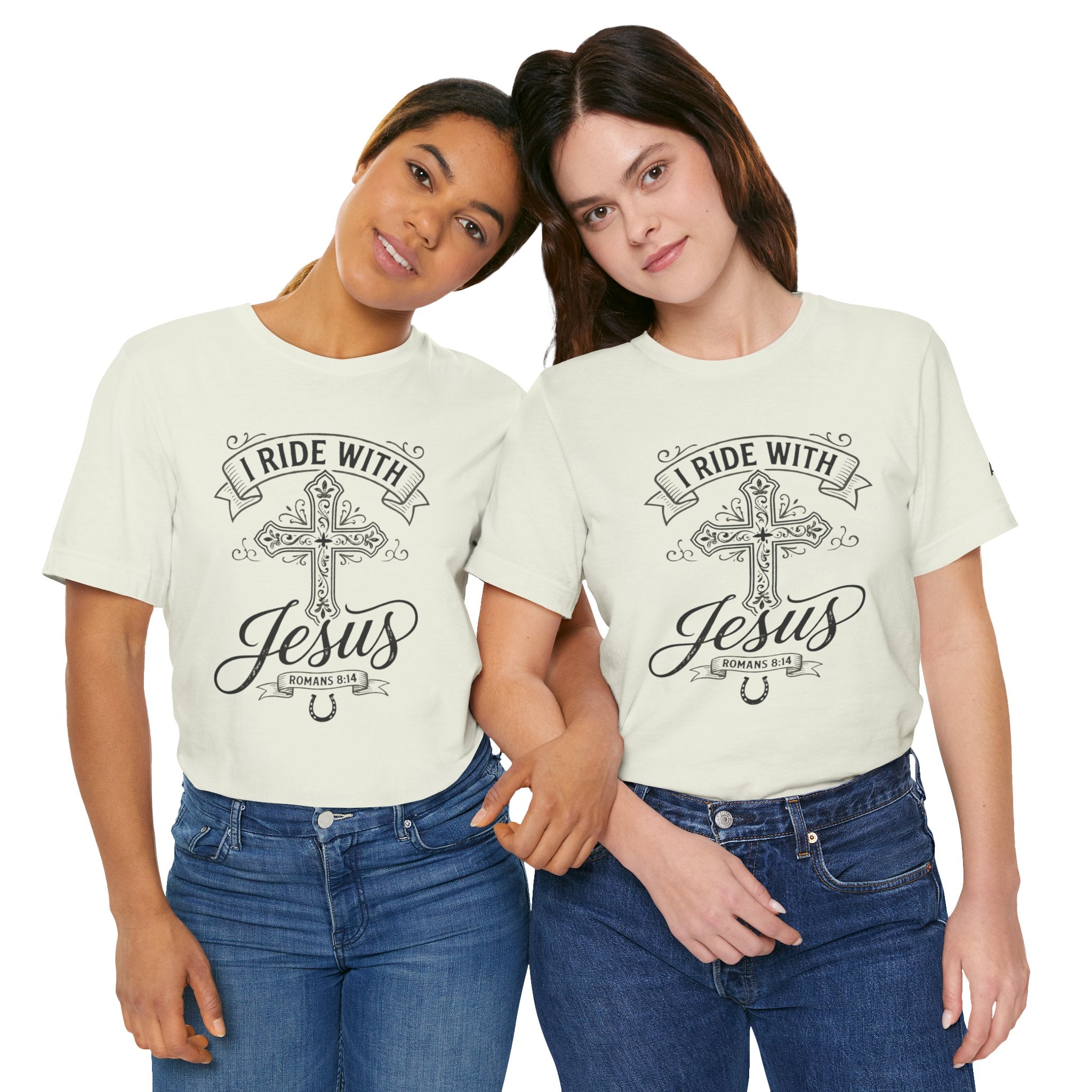 Romans 8:14 - "I Ride With Jesus" (Ladies) (Design on Front/Logo on Sleeve)