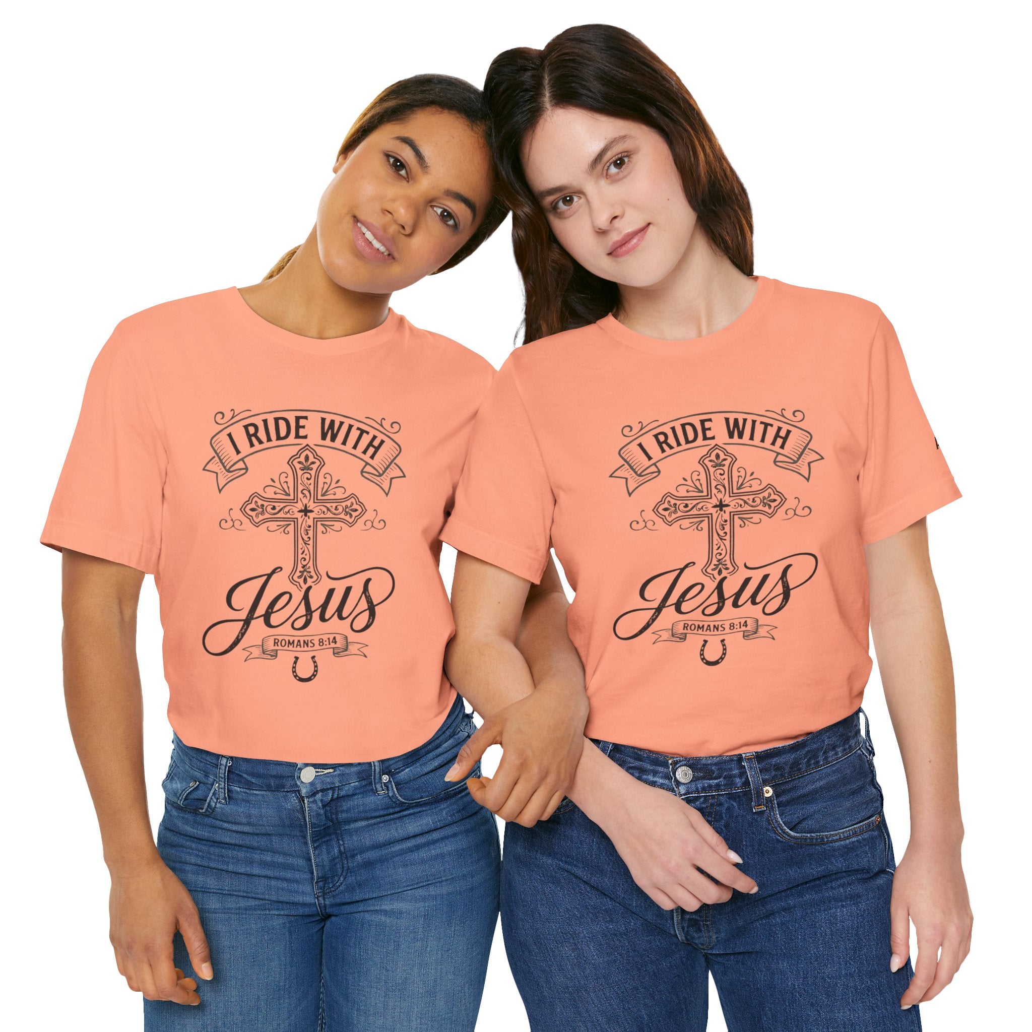 Romans 8:14 - "I Ride With Jesus" (Ladies) (Design on Front/Logo on Sleeve)