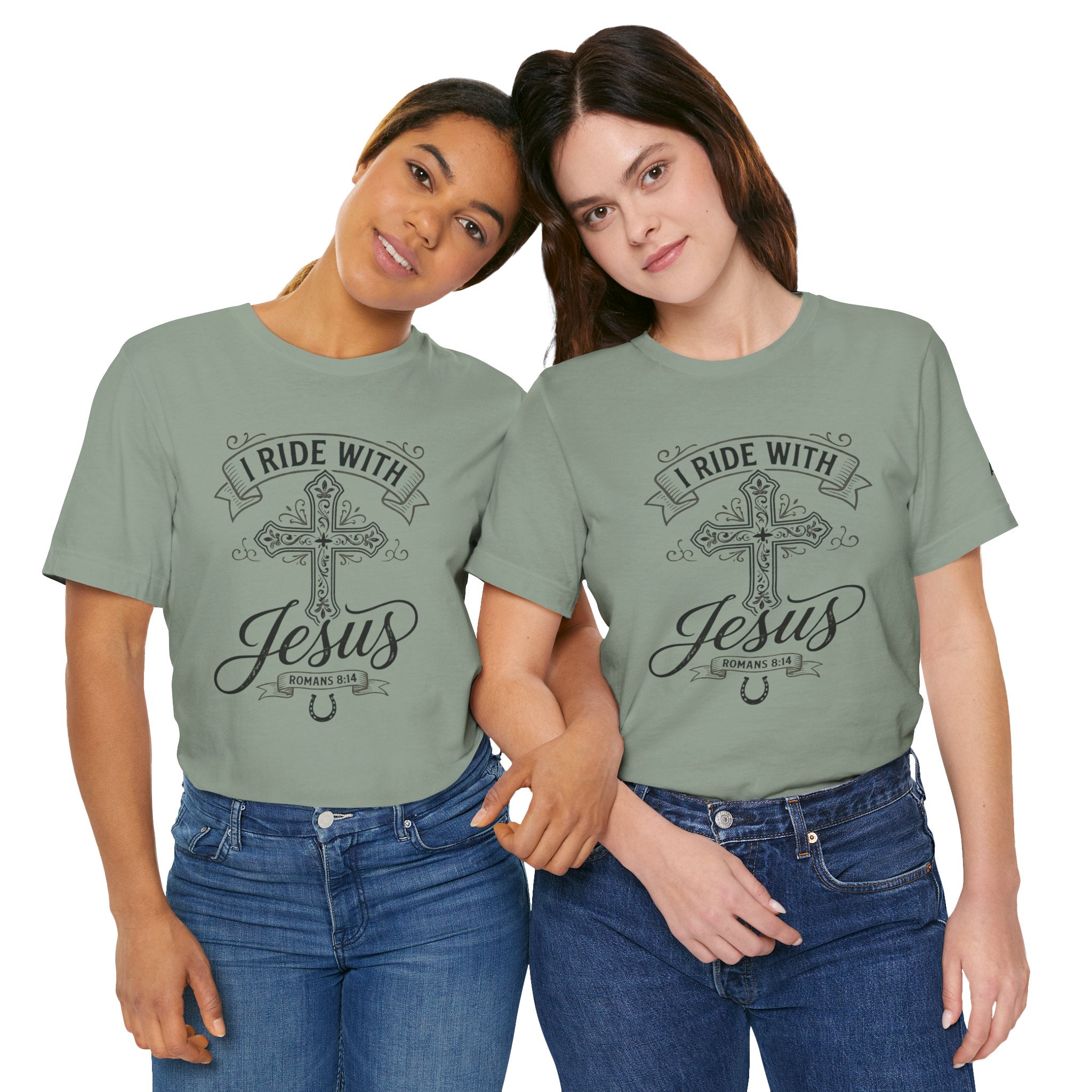 Romans 8:14 - "I Ride With Jesus" (Ladies) (Design on Front/Logo on Sleeve)