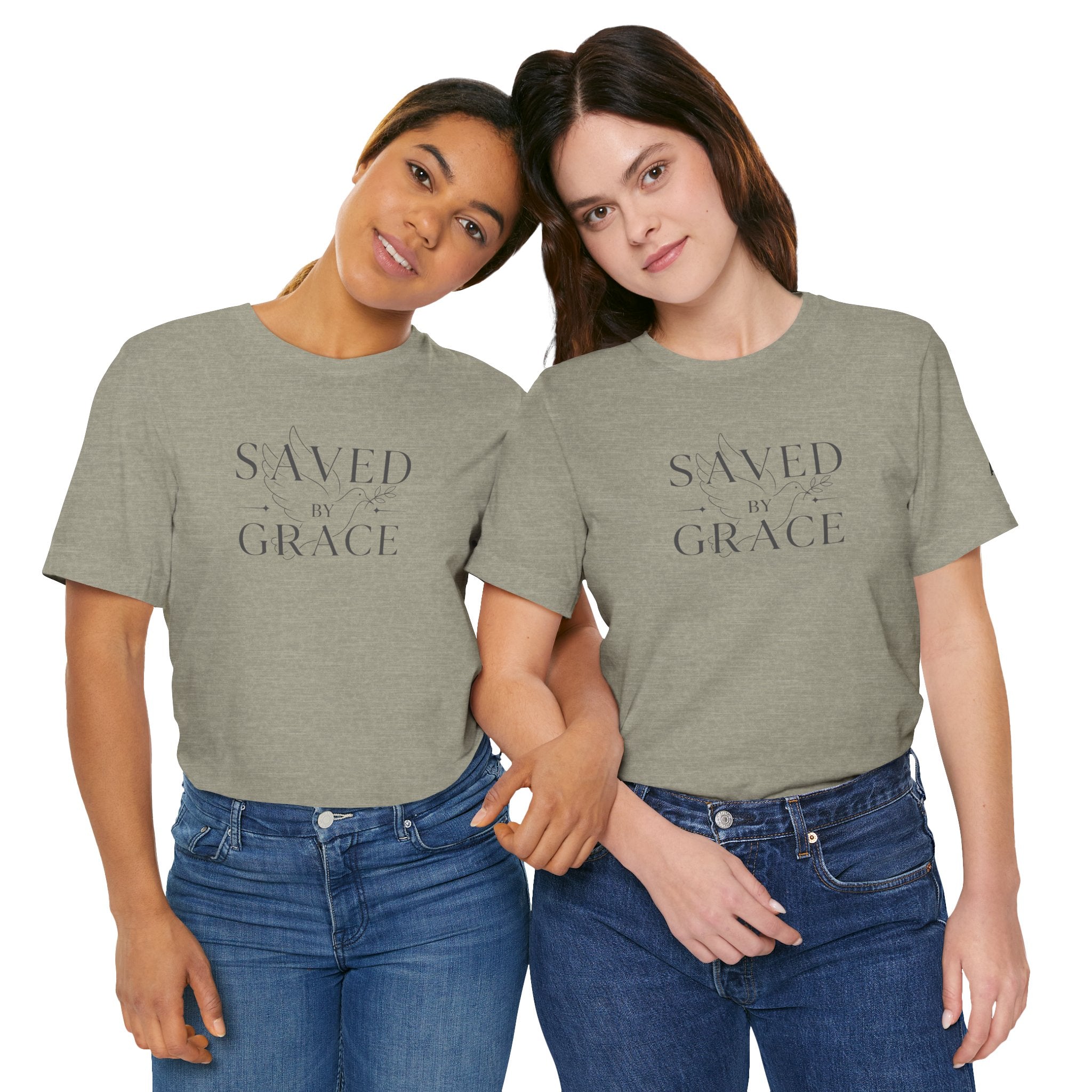 Ephesians 2:8 - "Saved by Grace" (Ladies) (Design on Front/Logo on Sleeve)