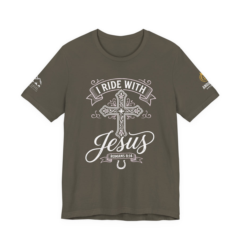 (NLE EDITION) Romans 8:14 - "I Ride With Jesus" (Ladies) (Design on Front/Logo on Sleeve)