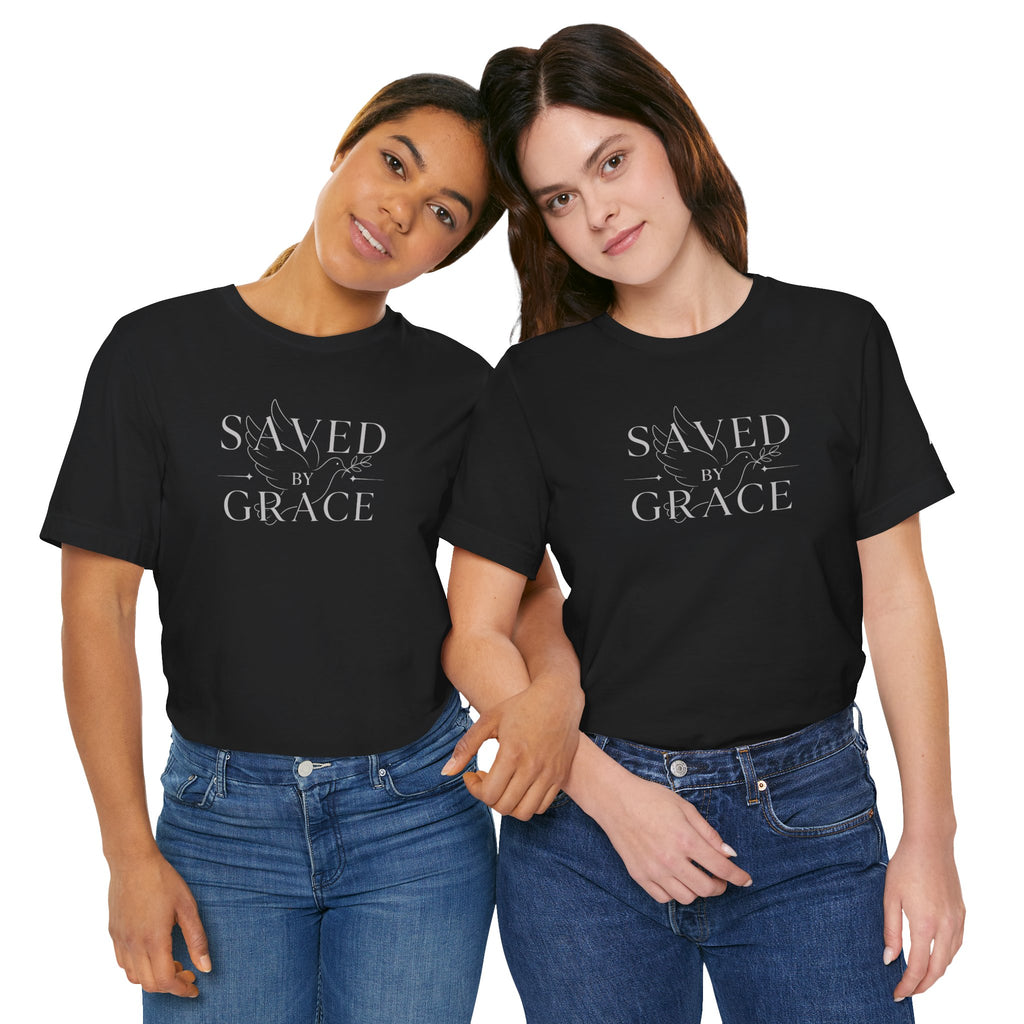 Ephesians 2:8 - "Saved by Grace" (Ladies) (Design on Front/Logo on Sleeve)
