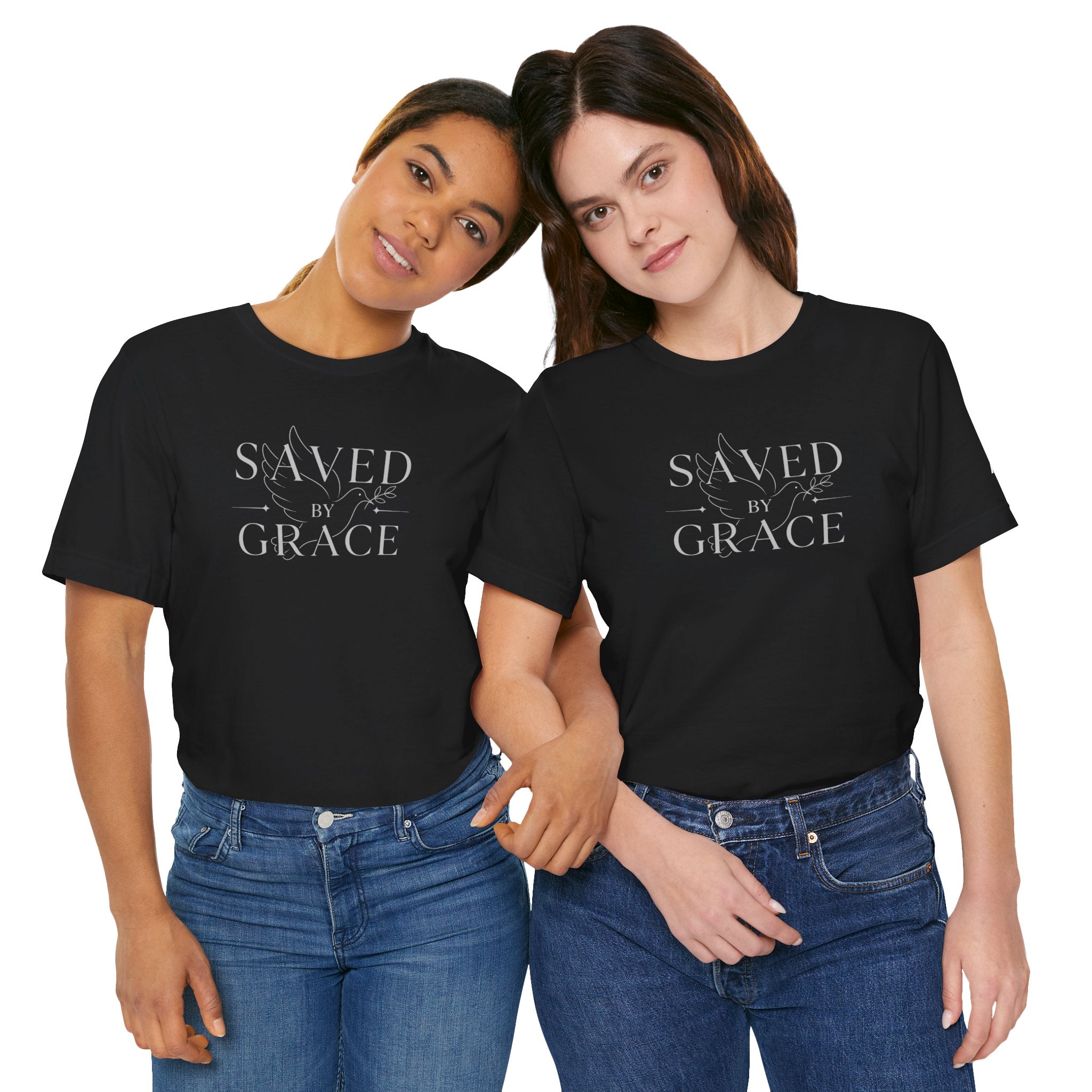 Ephesians 2:8 - "Saved by Grace" (Ladies) (Design on Front/Logo on Sleeve)