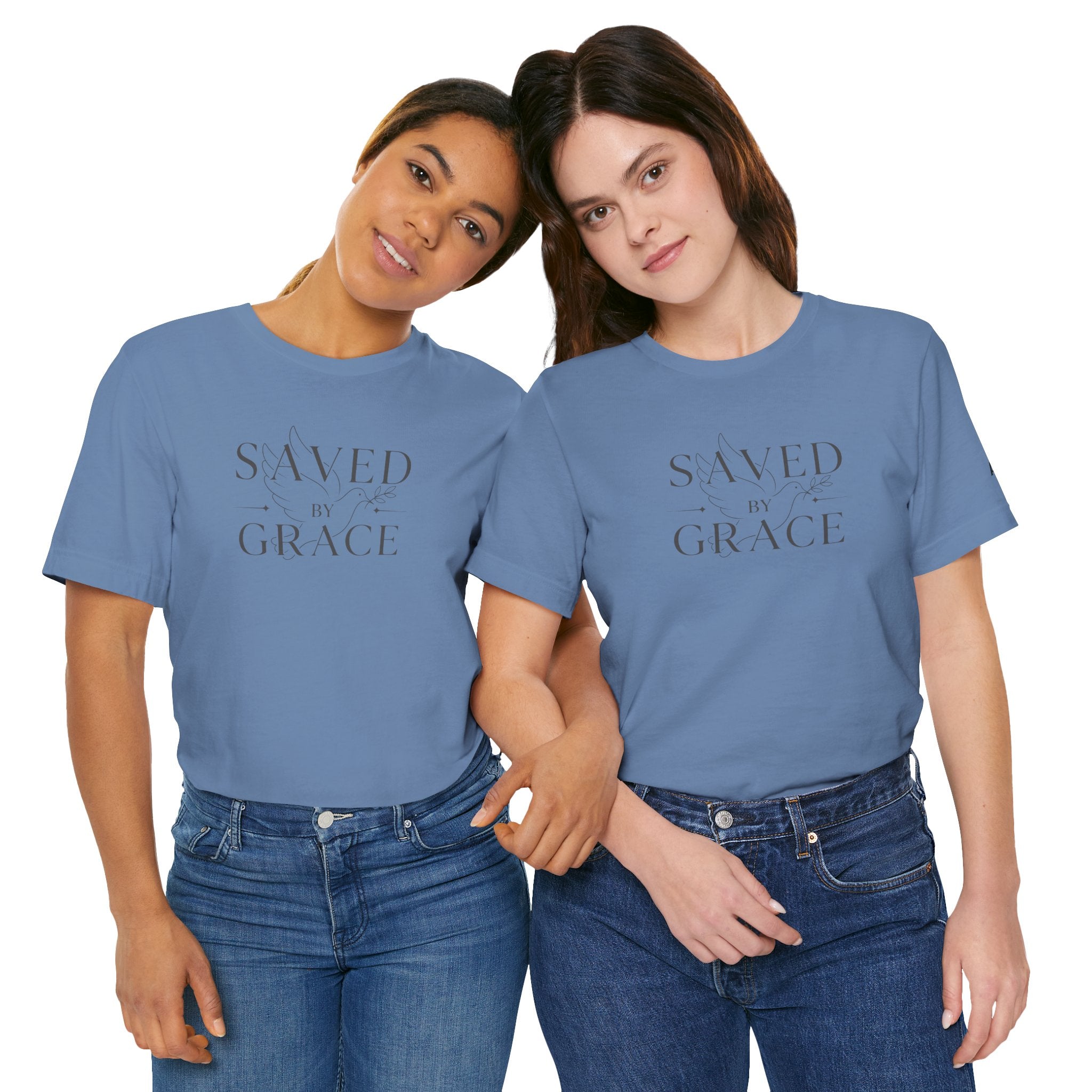 Ephesians 2:8 - "Saved by Grace" (Ladies) (Design on Front/Logo on Sleeve)