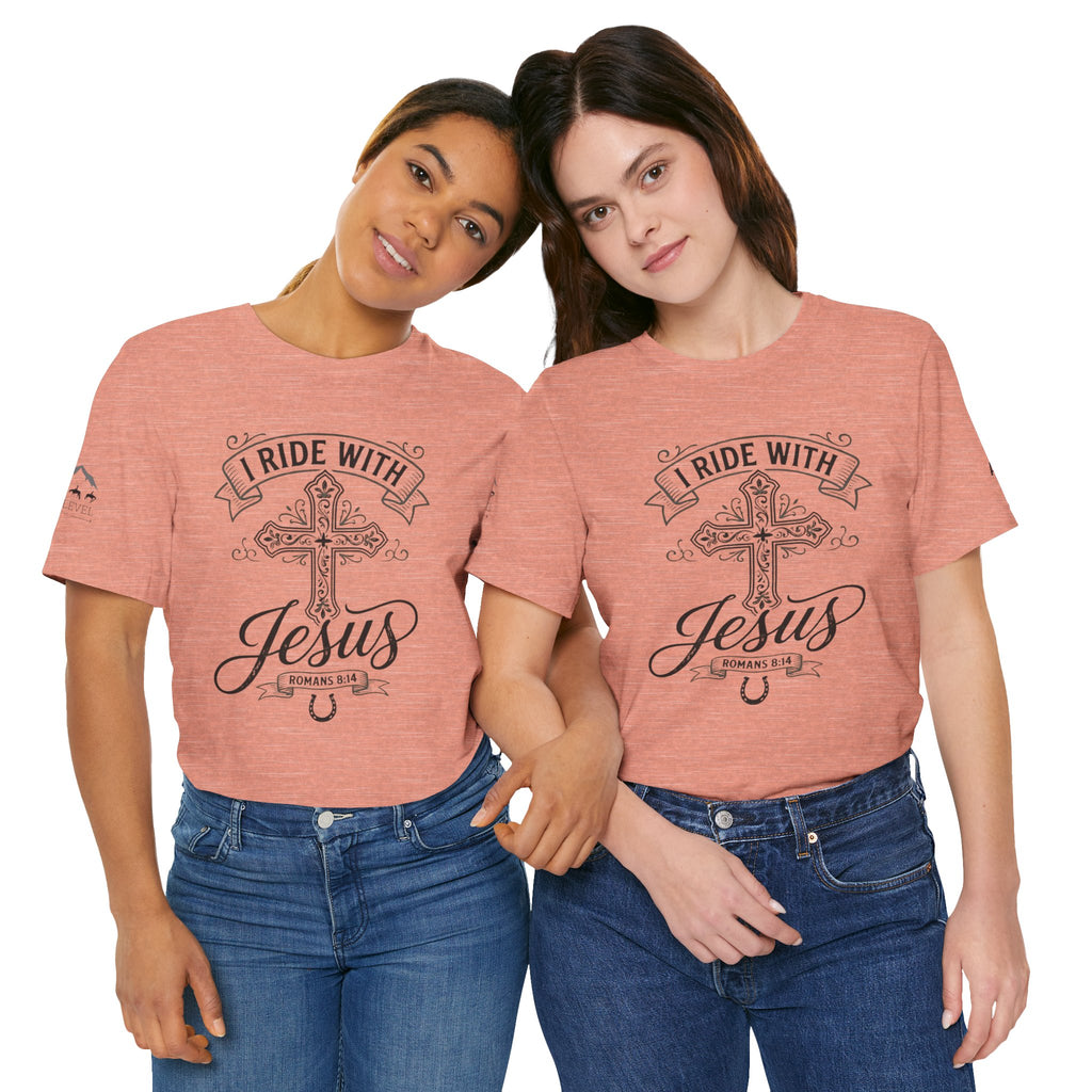 (NLE EDITION) Romans 8:14 - "I Ride With Jesus" (Ladies) (Design on Front/Logo on Sleeve)
