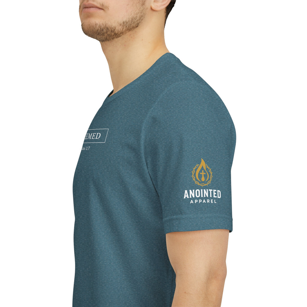Ephesians 1:7 "Redeemed" (Design on Front/Logo on Sleeve)