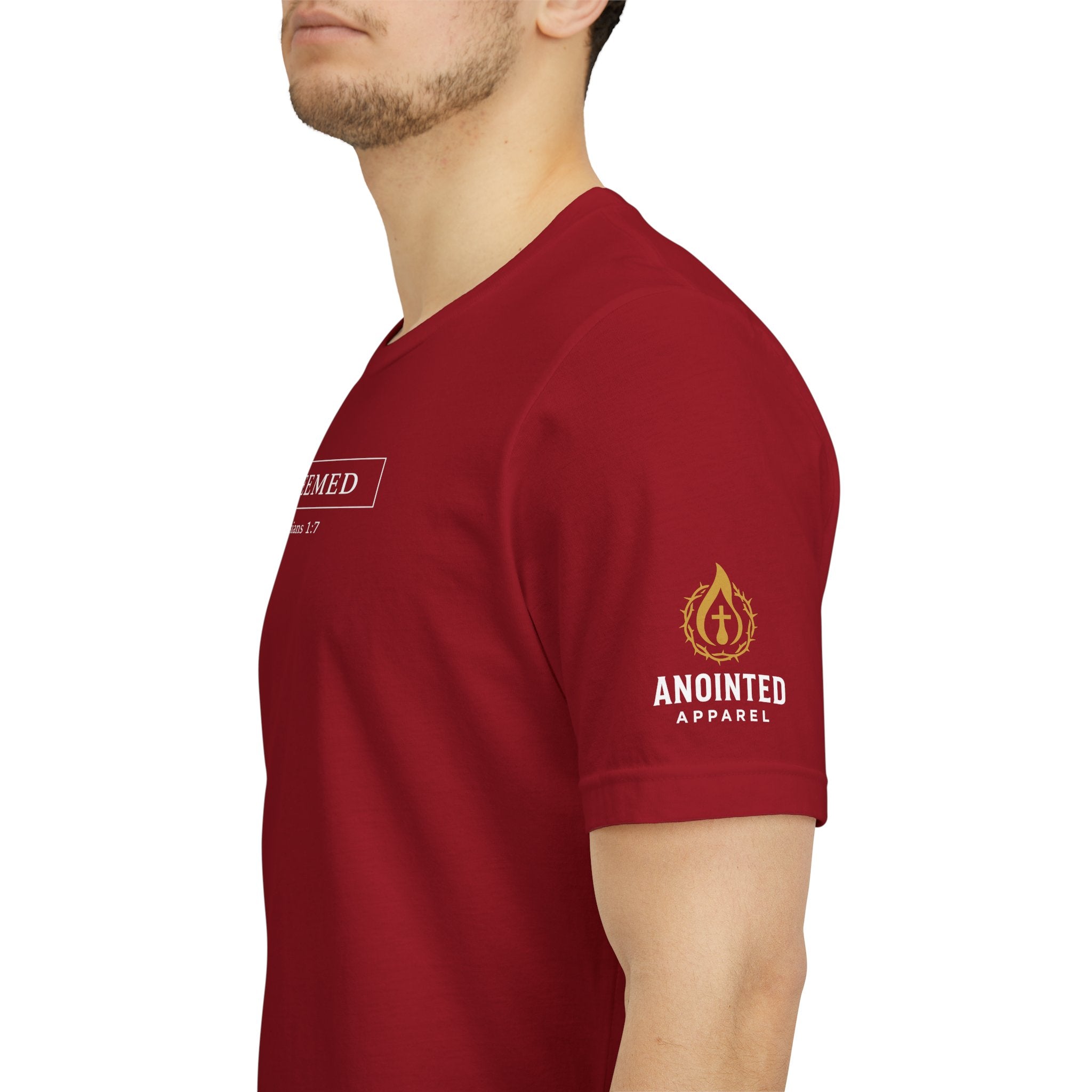 Ephesians 1:7 "Redeemed" (Design on Front/Logo on Sleeve)