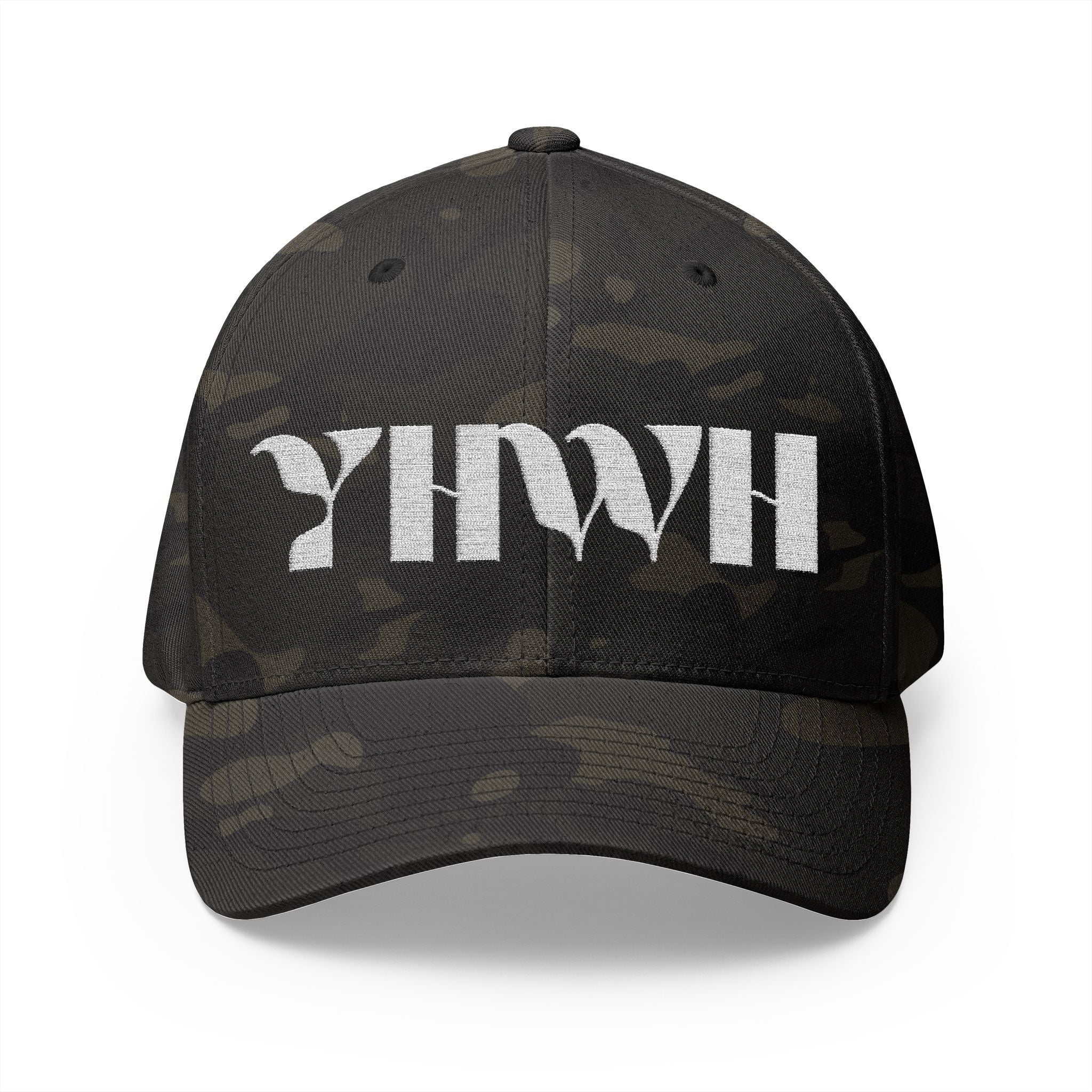 "YHWH" FlexFit Closed-Back (WHITE) (Embroidered Front/Back)