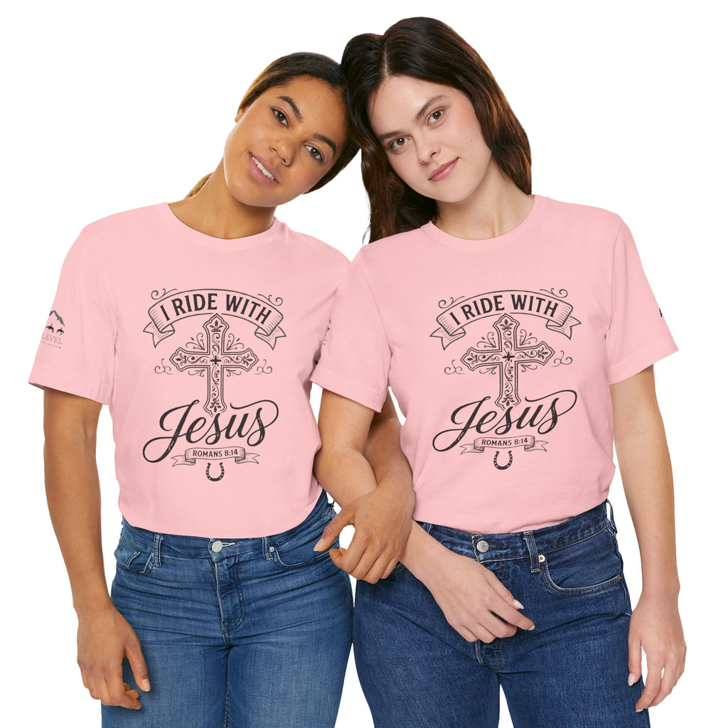 (NLE EDITION) Romans 8:14 - "I Ride With Jesus" (Ladies) (Design on Front/Logo on Sleeve)