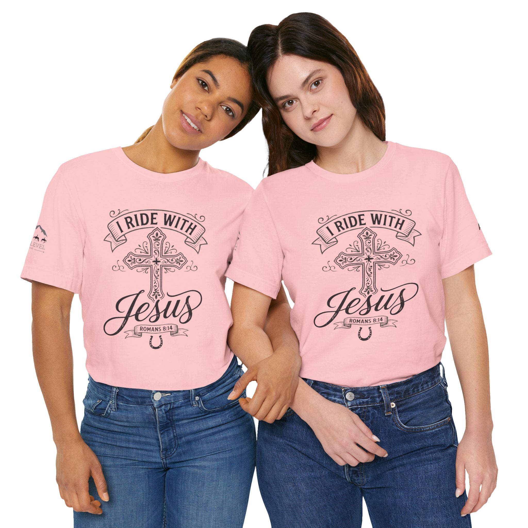 (NLE EDITION) Romans 8:14 - "I Ride With Jesus" (Ladies) (Design on Front/Logo on Sleeve)