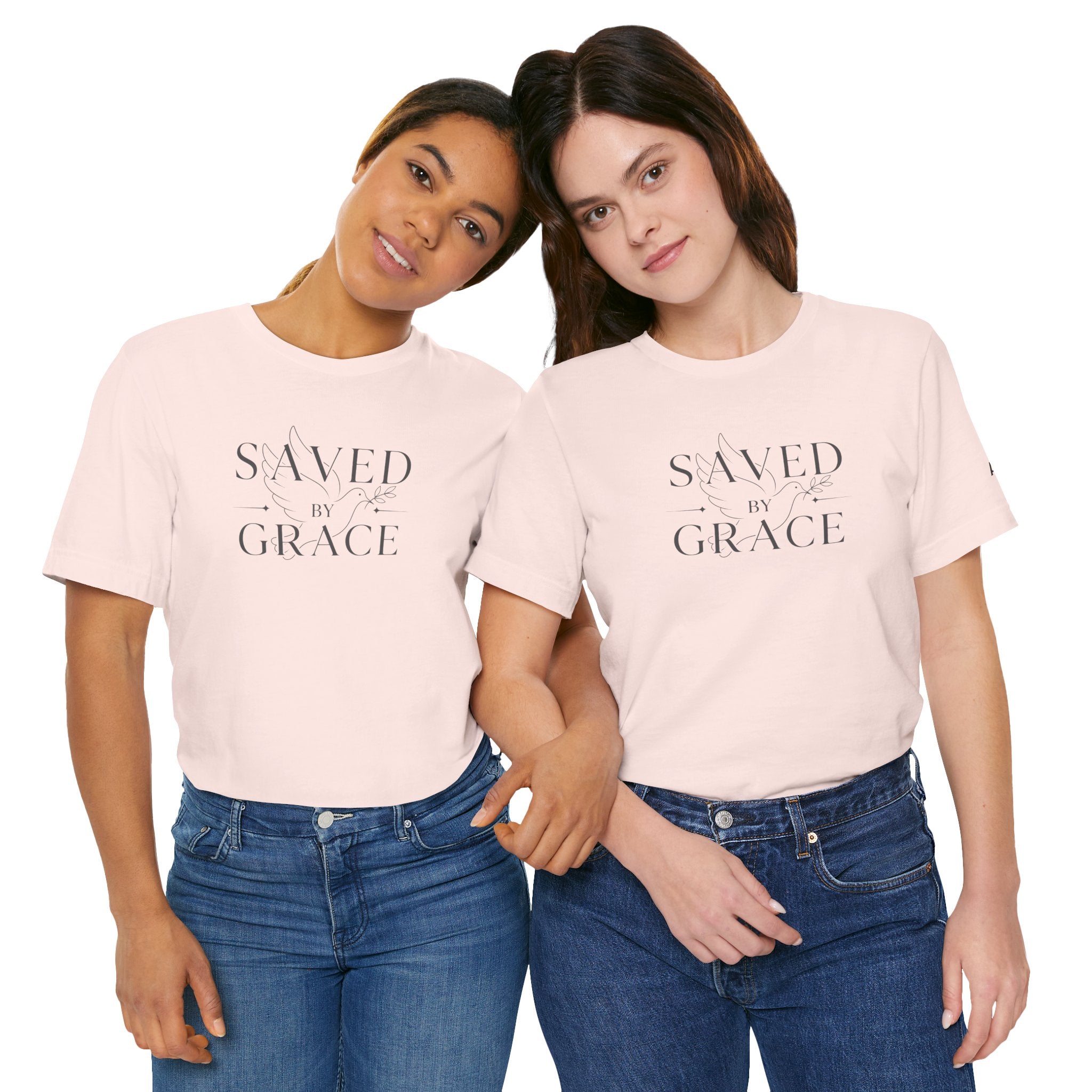 Ephesians 2:8 - "Saved by Grace" (Ladies) (Design on Front/Logo on Sleeve)