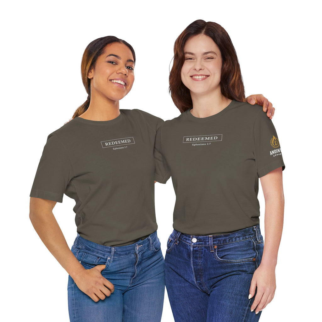 Ephesians 1:7 "Redeemed" (Design on Front/Logo on Sleeve)