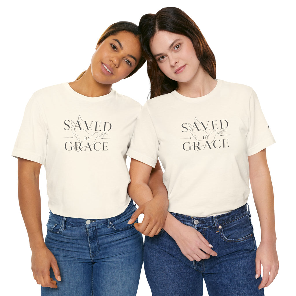 Ephesians 2:8 - "Saved by Grace" (Ladies) (Design on Front/Logo on Sleeve)