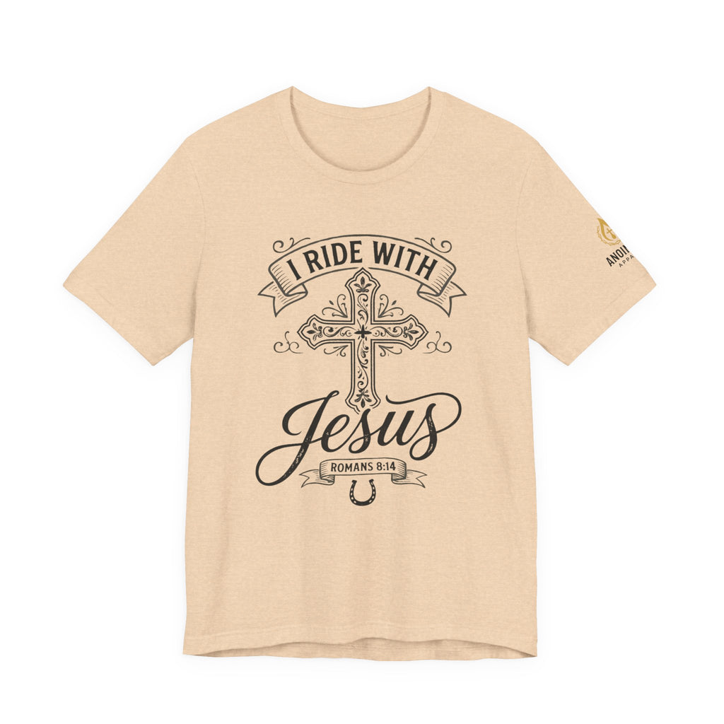 Romans 8:14 - "I Ride With Jesus" (Ladies) (Design on Front/Logo on Sleeve)